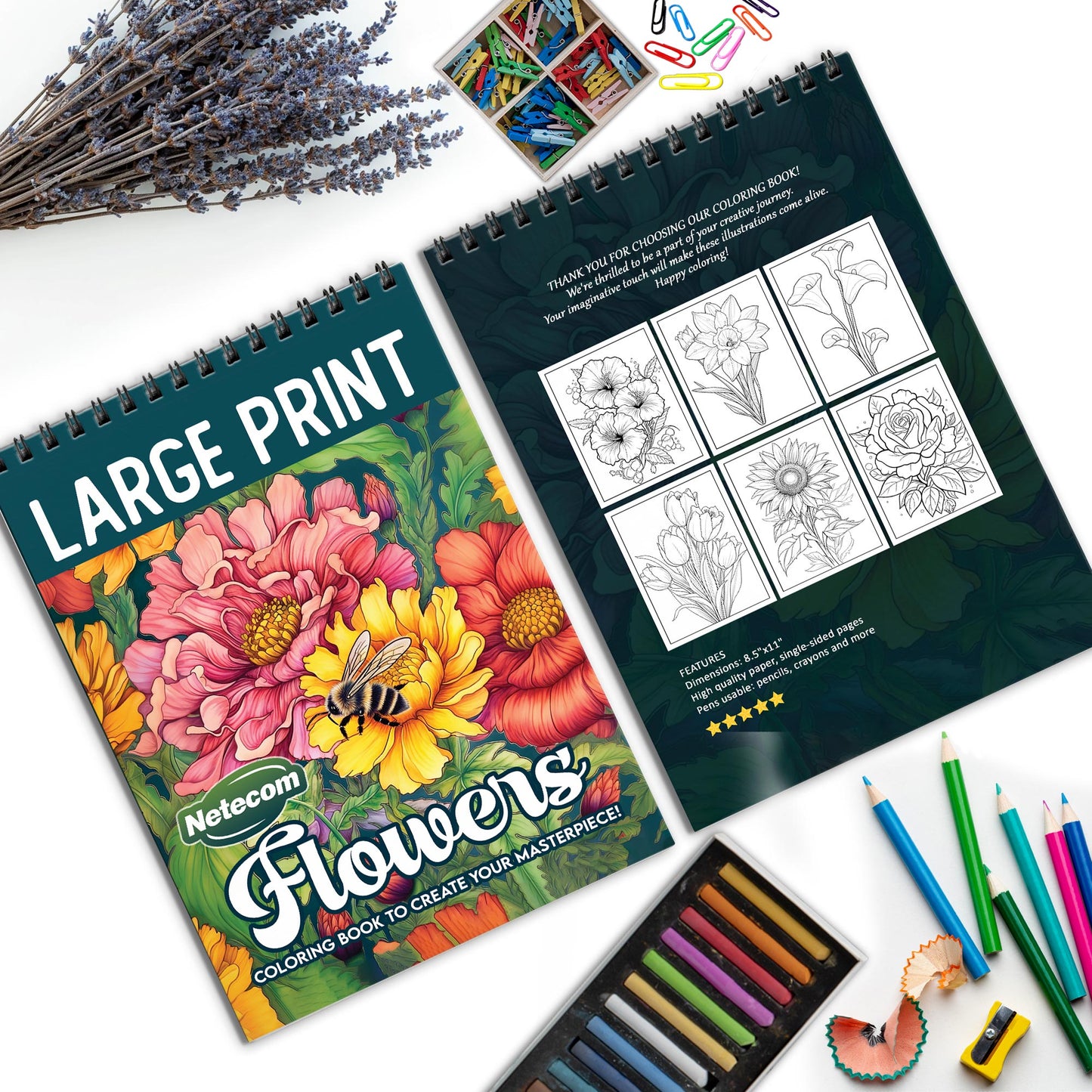 Large Print Flowers Spiral Bound Coloring Book, Beautiful Floral Scenes in Large Print, Ideal for Easy and Relaxing Coloring, Perfect for Flower Lovers