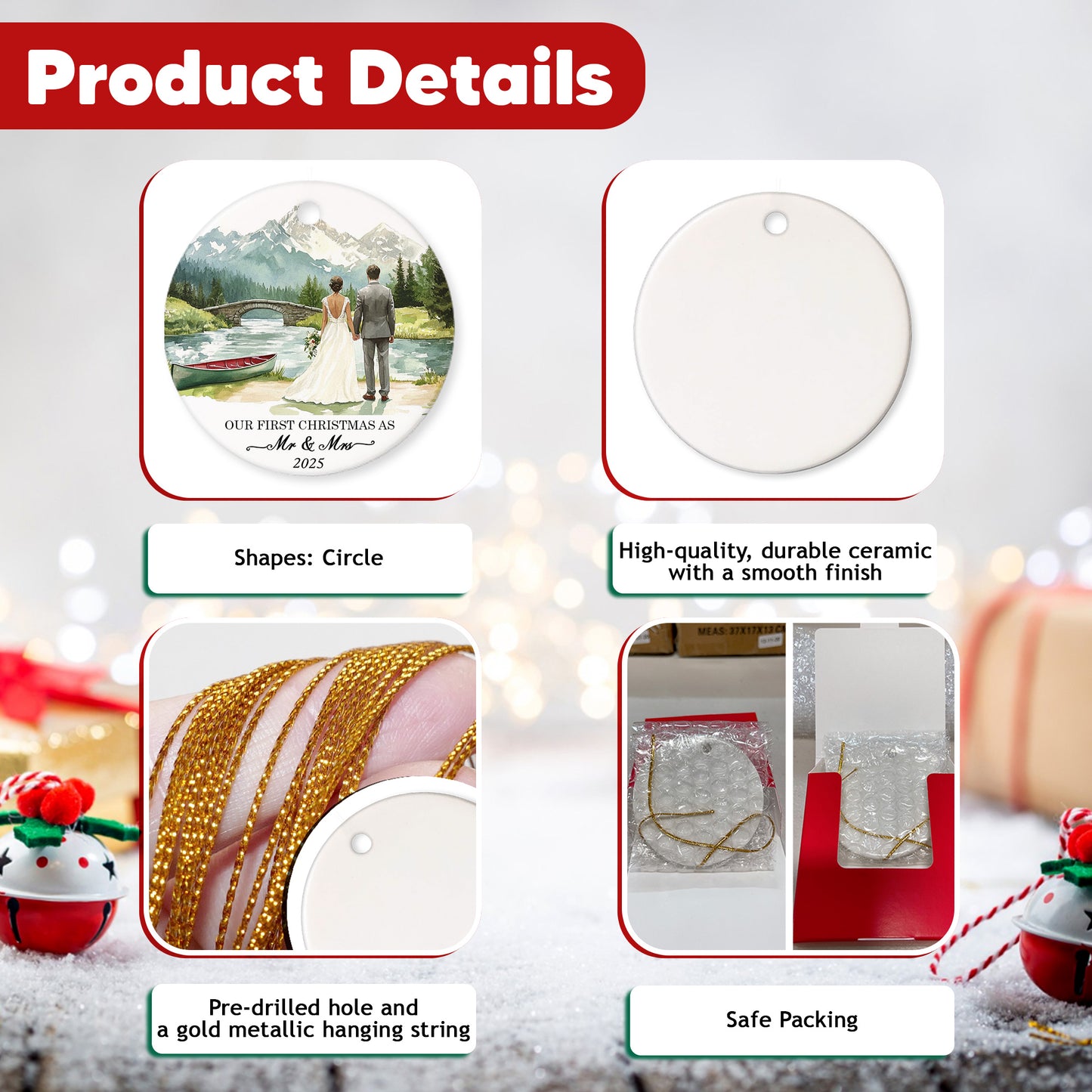 Netecom Elegant First Christmas Married Ornament, Our First Christmas as Mr and Mrs Ceramic Ornaments for Xmas Tree Hanging Decorations Gift, Wedding Gifts for Couples, Holiday Party Present
