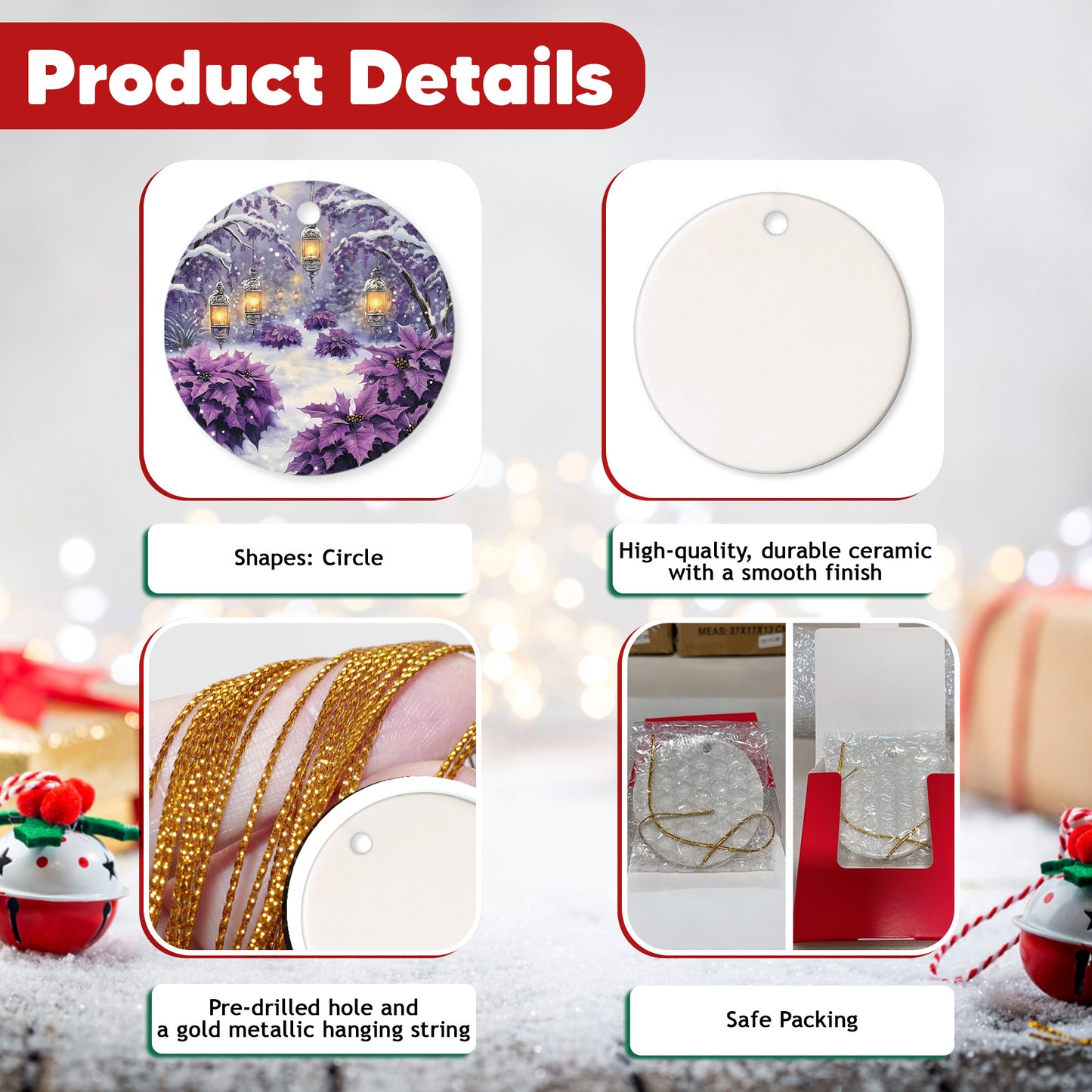 Netecom Purple Winter Snow Scene Christmas Ornaments, Ceramic Lanterns Poinsettia Keepsake Ornament for Christmas Tree Decorations, Gifts for Holiday, Party, Home Decor