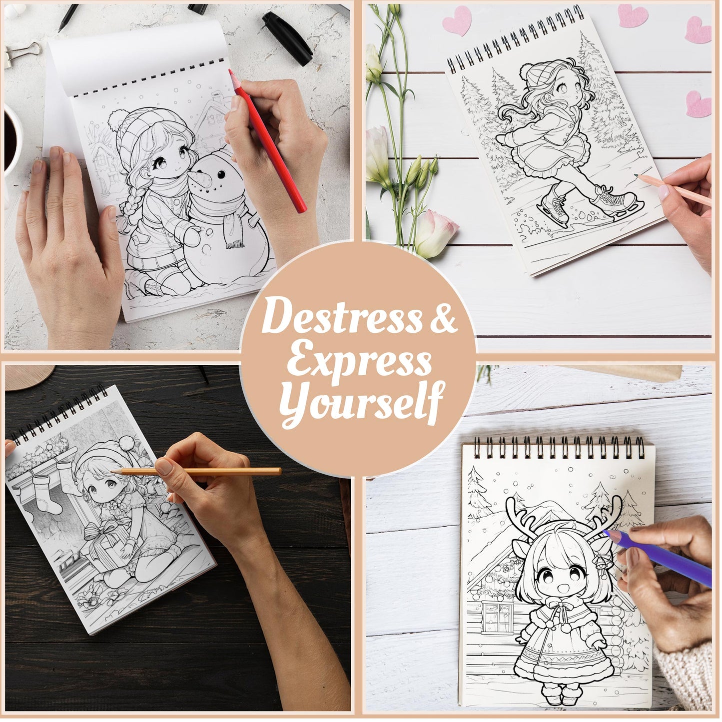 Netecom Chibi Girls Christmas Coloring Book Spiral Bound For Adults