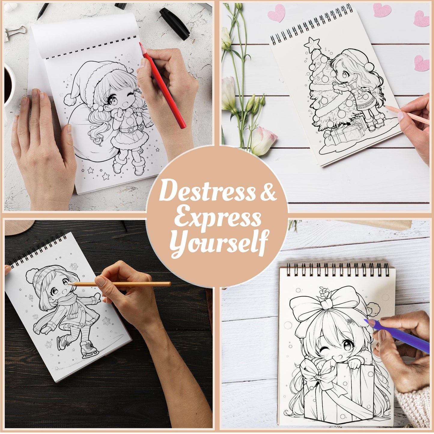 Netecom Chibi Girls Christmas Coloring Book Spiral Bound For Adults