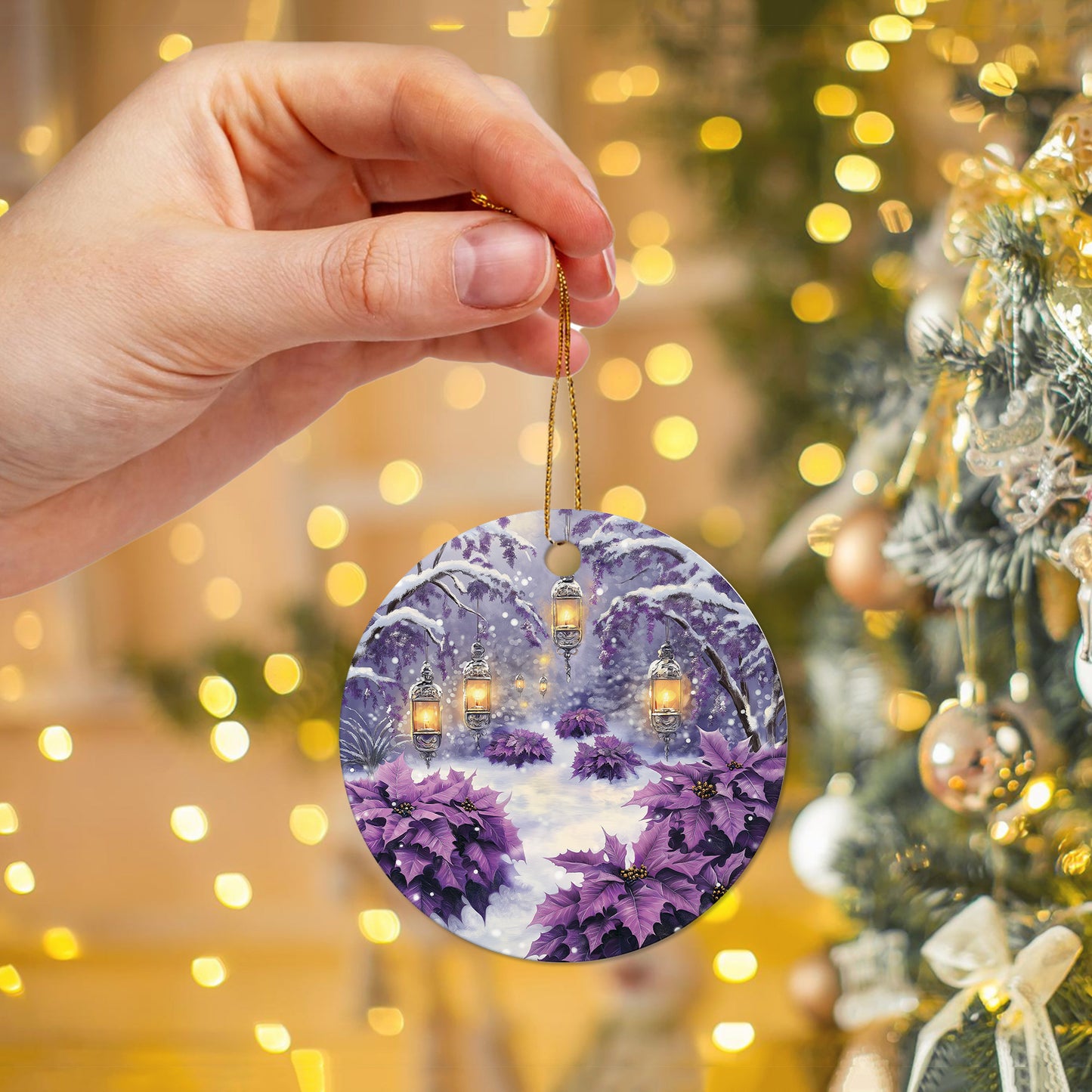 Netecom Purple Winter Snow Scene Christmas Ornaments, Ceramic Lanterns Poinsettia Keepsake Ornament for Christmas Tree Decorations, Gifts for Holiday, Party, Home Decor
