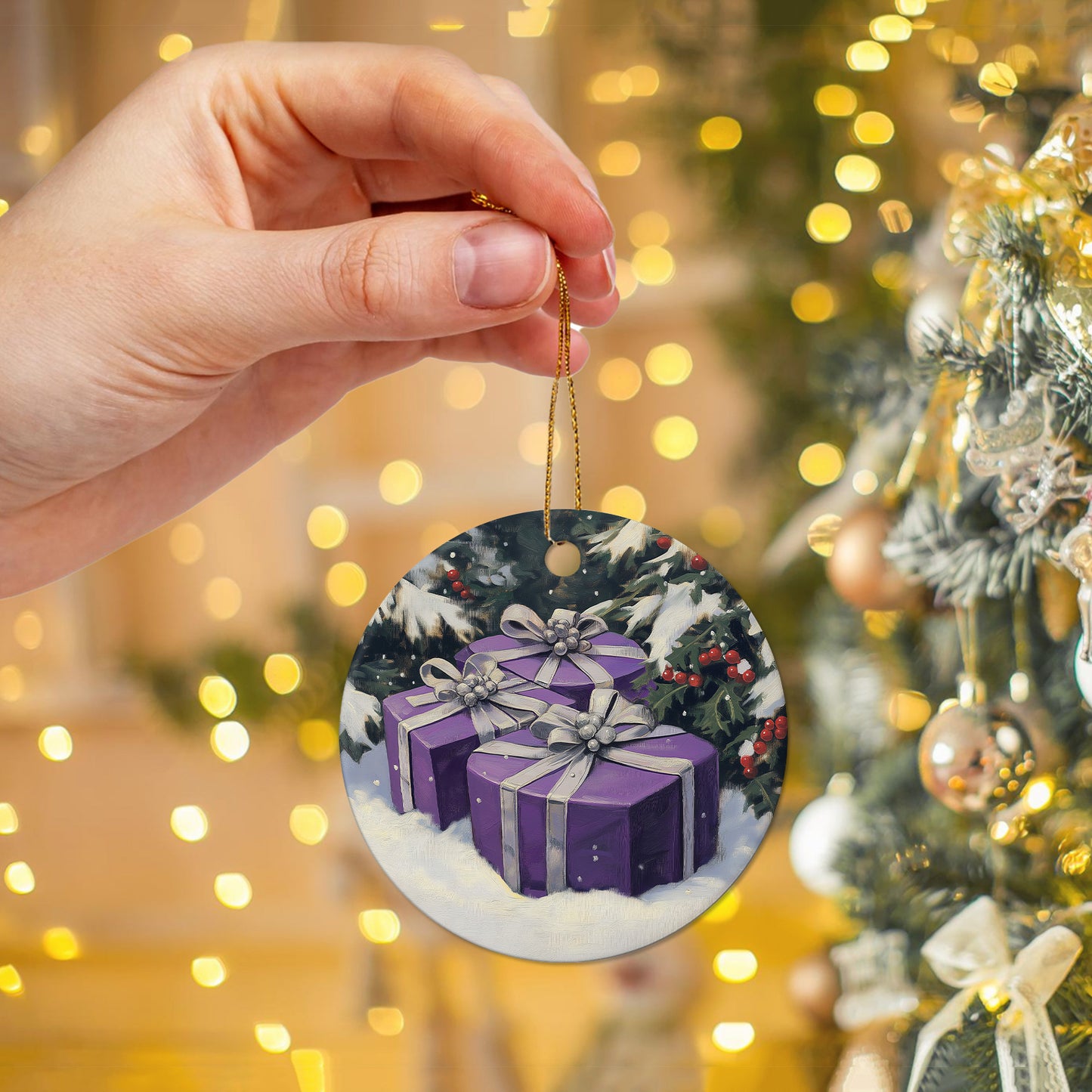 Netecom Purple Gift Box on Snow Christmas Ornaments, Ceramic Present With Silver Ribbon Keepsake Ornament for Christmas Tree Decorations, Gifts for Holiday, Party, Home Decor