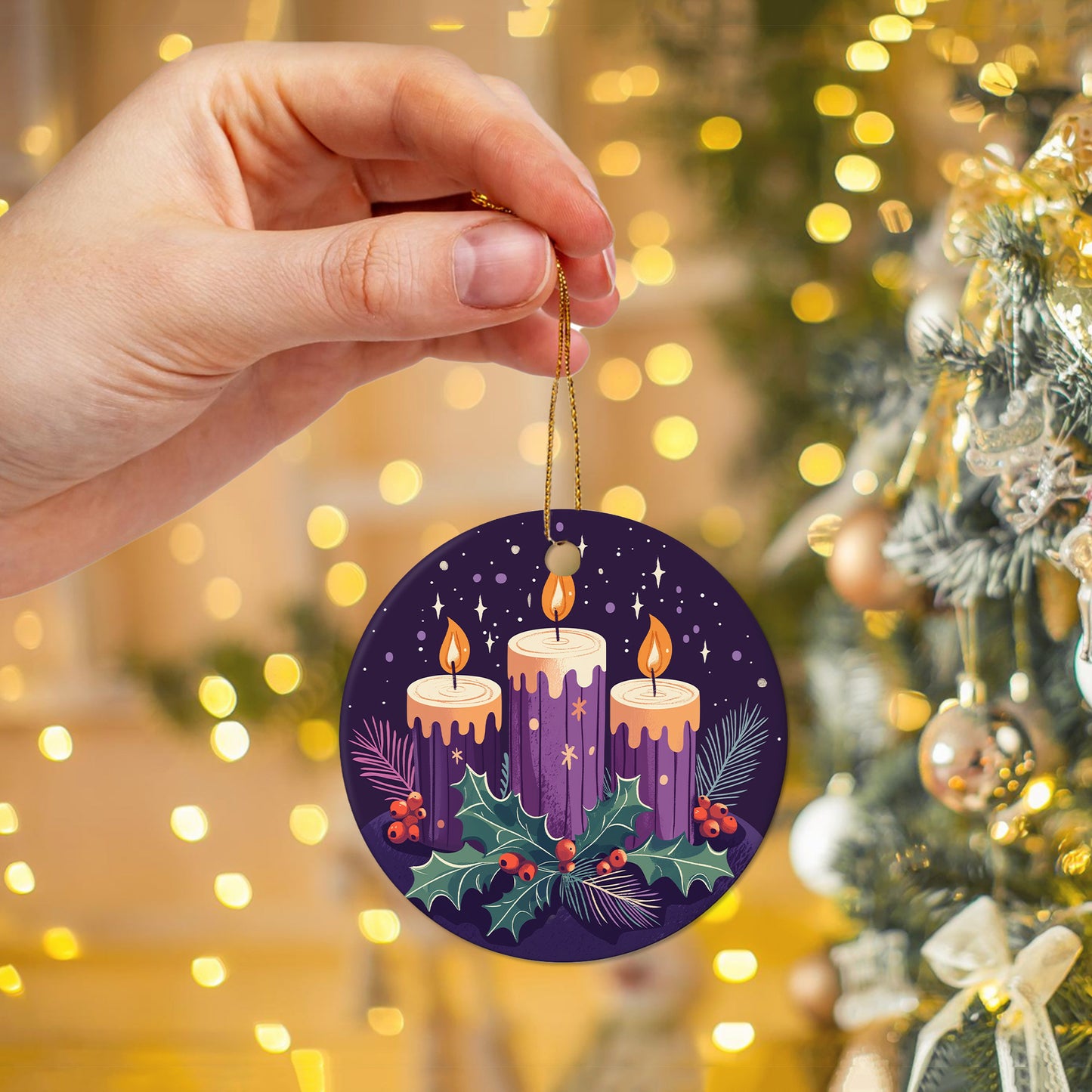 Netecom Purple Candles Christmas Ornaments, Elegant Ceramic Candles & Holly Keepsake Ornament for Christmas Tree Decorations, Gifts for Holiday, Party, Home Decor