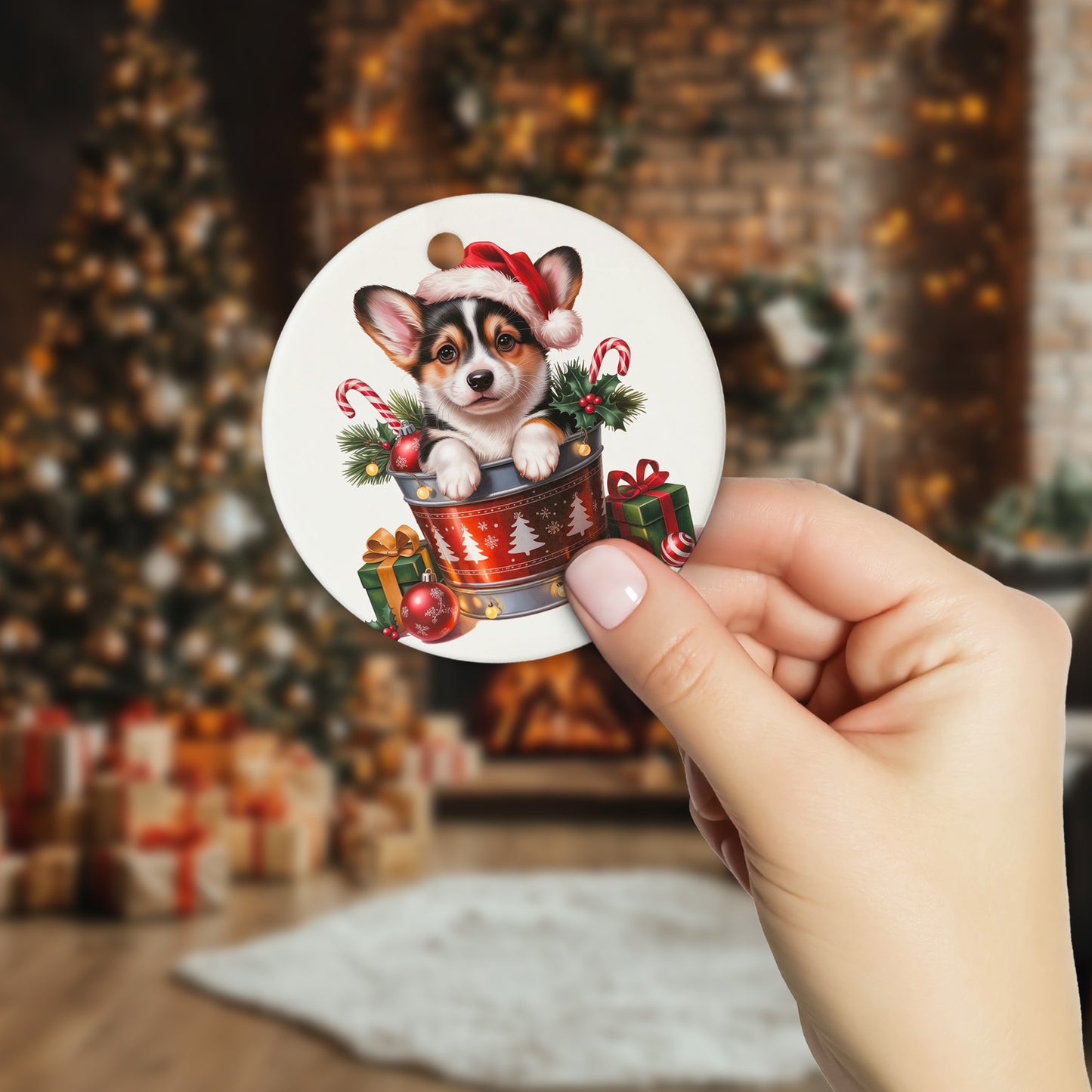 Netecom Cute Corgi in Bucket Ornament, Dog with Santa Hat Ceramic Ornament for Christmas Tree Hanging Decorations Gift, Puppy Lover Gifts, Home Decor, Holiday Party Present