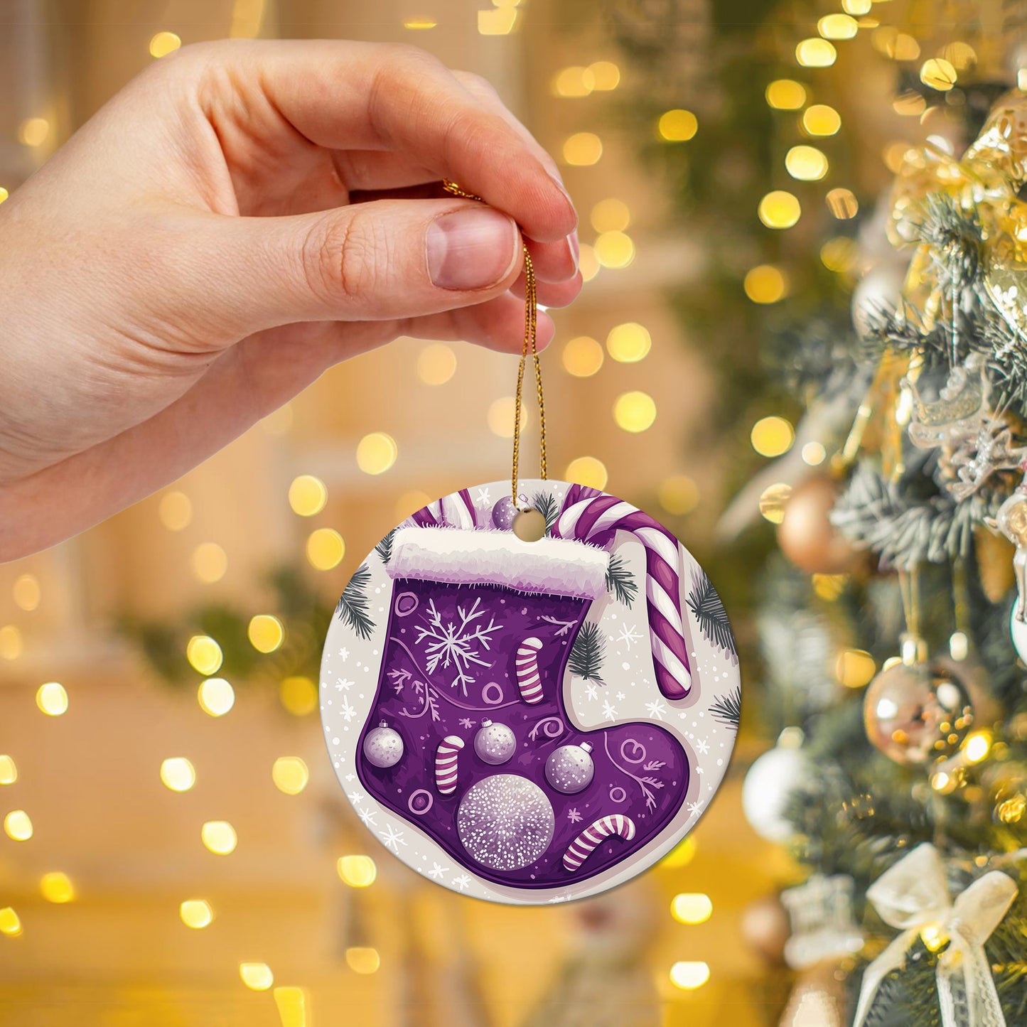 Netecom Purple Stocking Christmas Ornaments, Ceramic Candy Cane Snowflakes Keepsake Ornament for Christmas Tree Decorations, Gifts for Holiday, Party, Home Decor