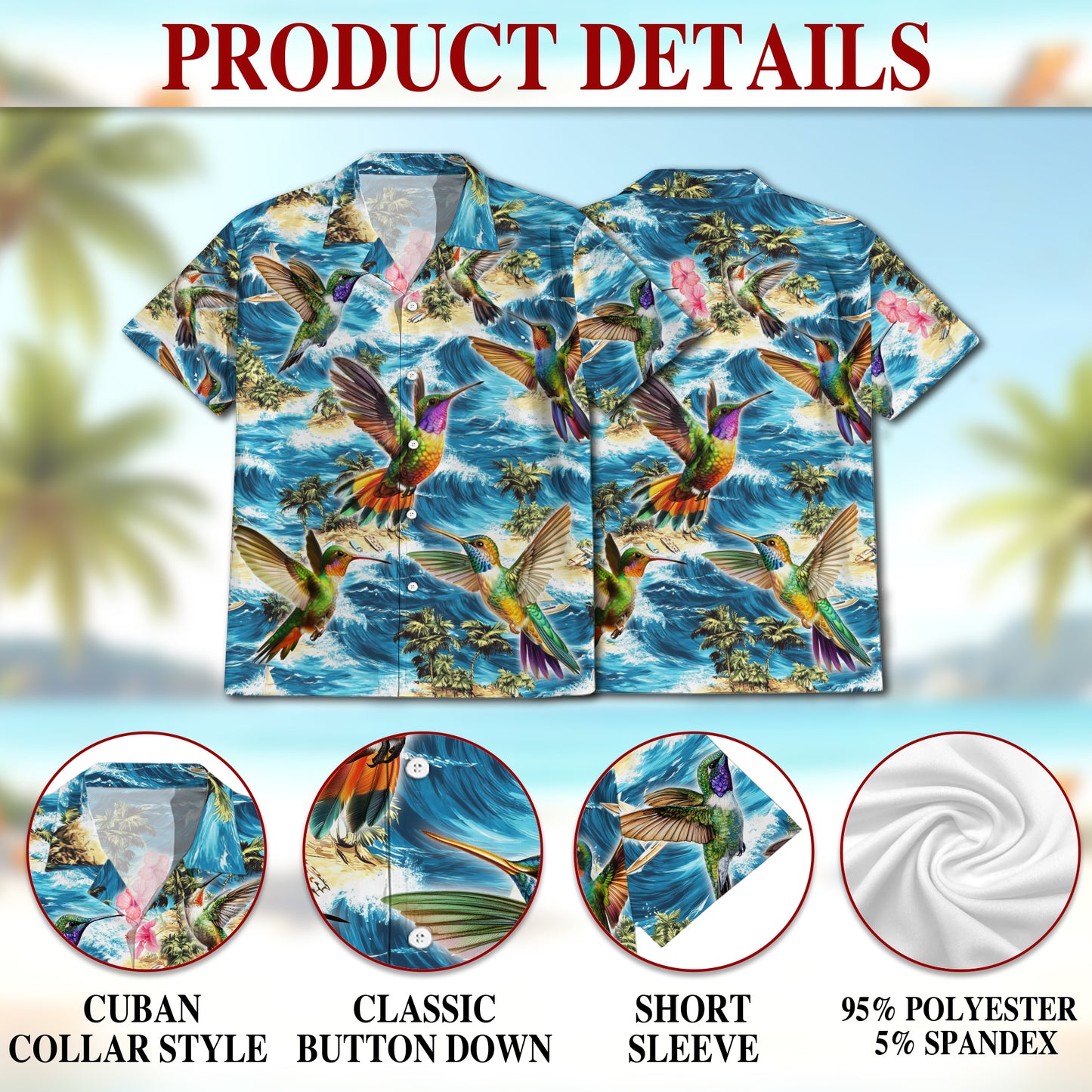 Netecom Tropical Hummingbird Hawaiian Shirt for Men, Bird Lover Gift, Nature Animal Button Down Summer Beach Shirts