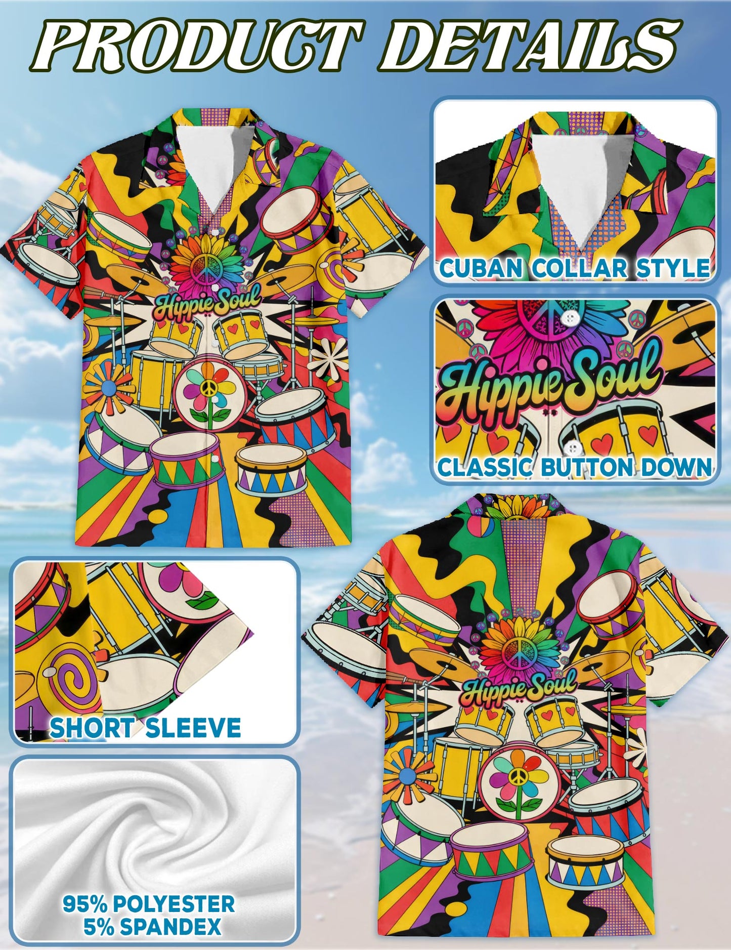 Netecom Peace Love Drums Hawaiian Shirt for Men, Button Down Summer Beach Short Sleeve, S-5XL