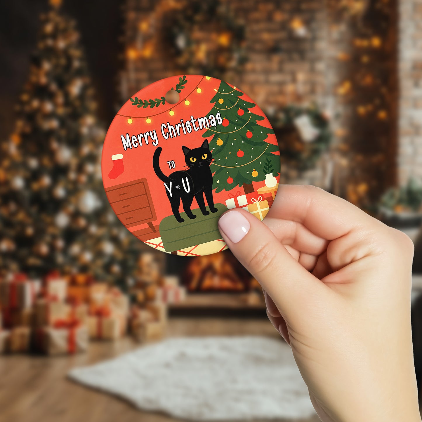 Netecom Funny Black Cat Christmas Ornament, Merry Christmas To You Ceramic Ornament for Xmas Tree Hanging Decorations Gift, Home Decor, Gifts for Friends & Family, Holiday Party Present
