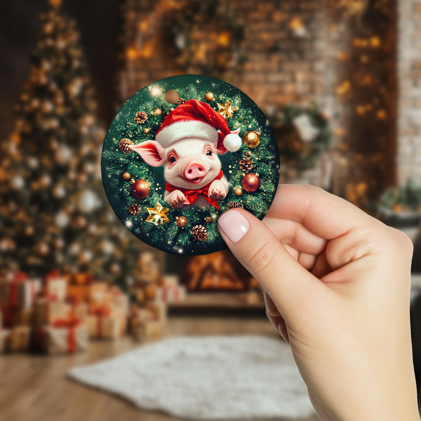 Netecom Cute Pig Christmas Ornament, Farm Animal Santa Hat Ceramic Ornament for Xmas Tree Hanging Decorations Gift, Farmhouse Decor, Gifts for Famer, Holiday Party Present