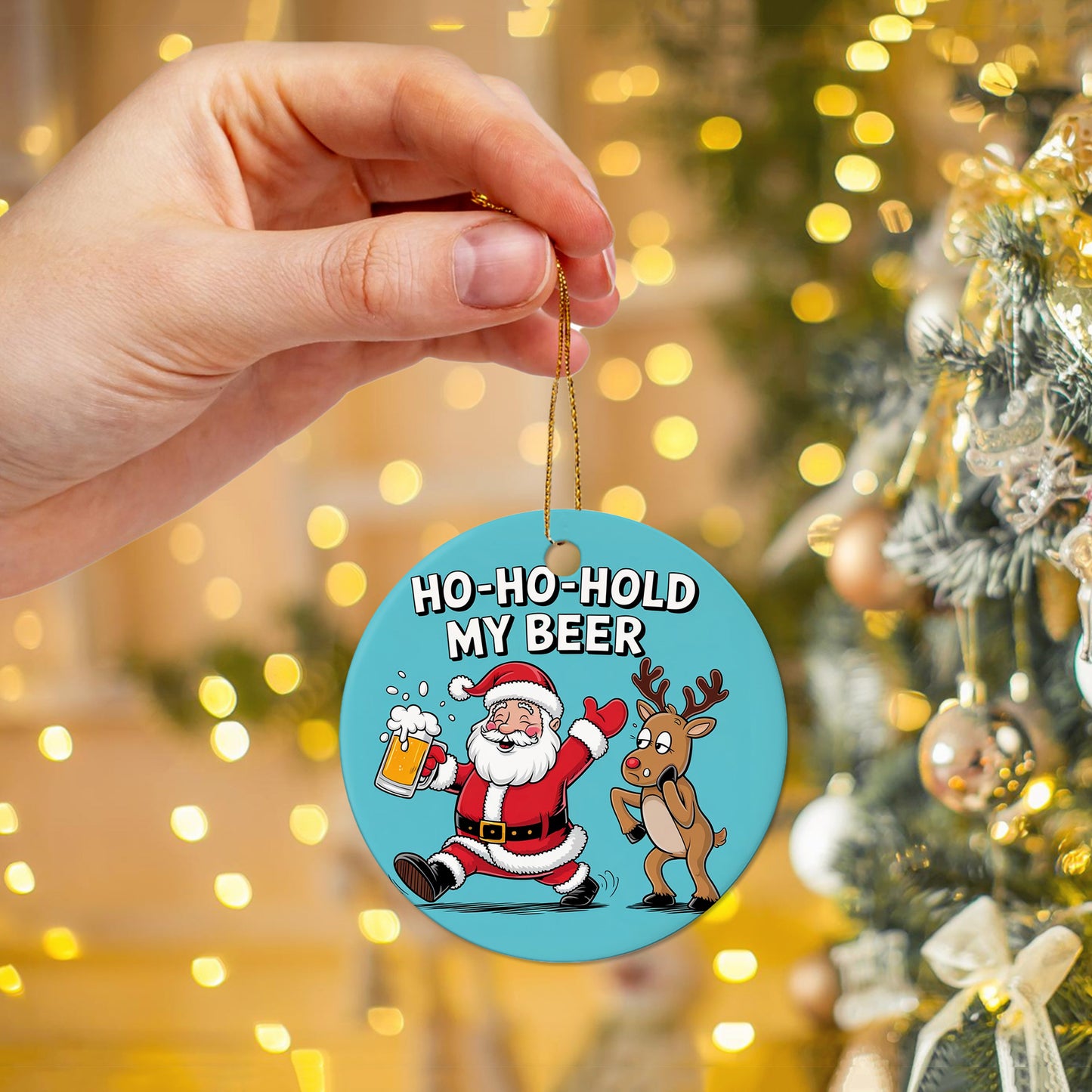 Netecom Funny Santa Claus Reindeer Christmas Ornament, Ho Ho Hold My Beer Ceramic Ornament for Xmas Tree Hanging Decorations Gift, Home Decor, Gifts for Friends & Family, Holiday Party Present