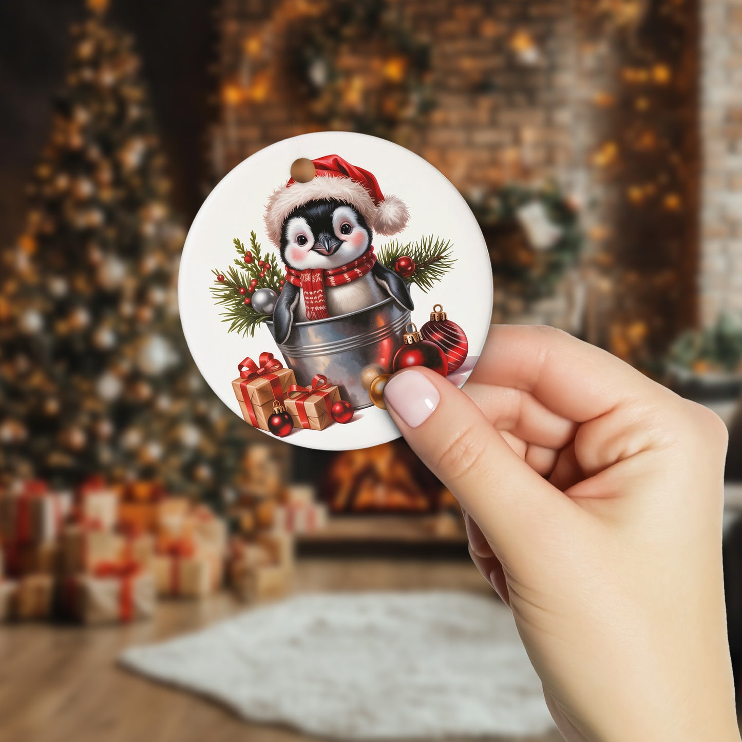 Netecom Cute Baby Penguin in Bucket Ornament, Bird with Santa Hat Ceramic Ornament for Christmas Tree Hanging Decorations Gift, Penguin Lover Gifts, Holiday Party Present