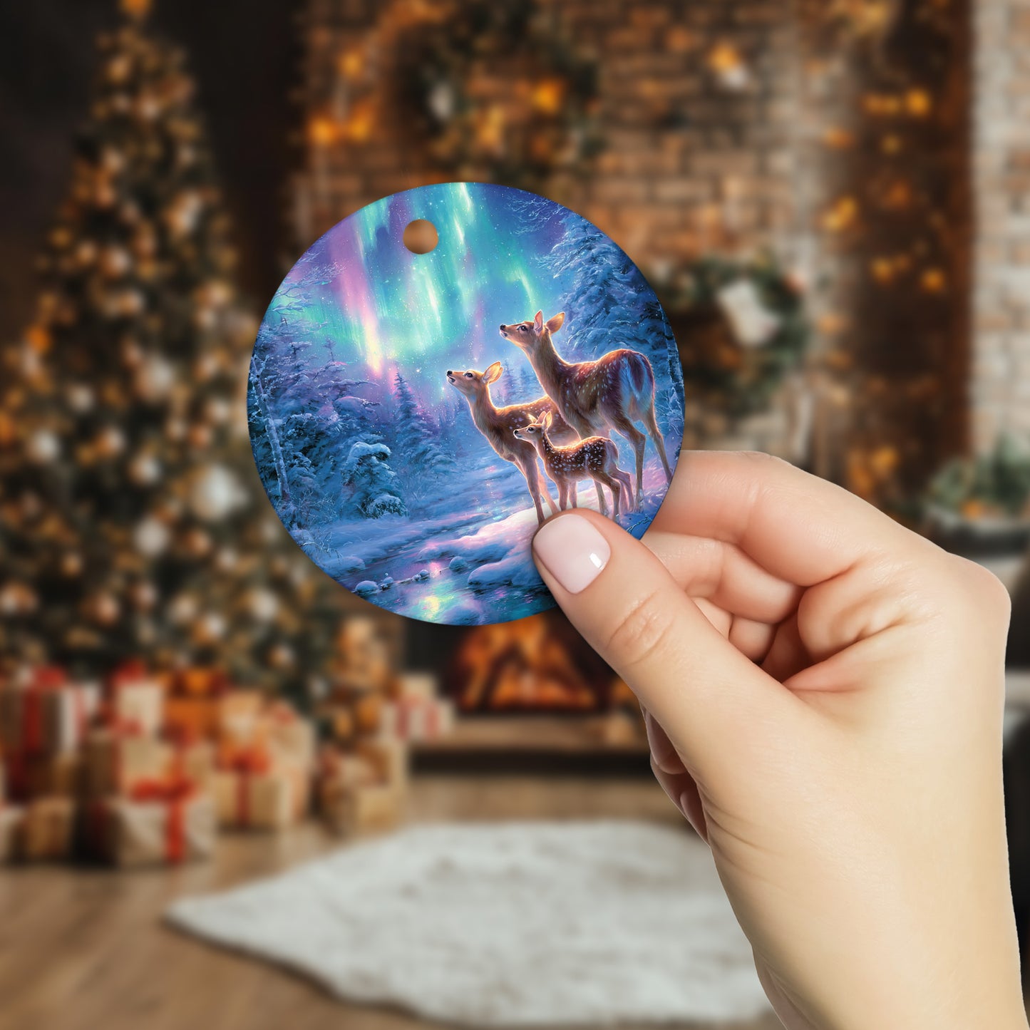 Netecom Adorable Christmas Reindeer Family Ornament, Under Northern Lights Ceramic Ornament for Xmas Tree Hanging Decorations Gift, Reindeer Lover Gifts, Holiday Party Present