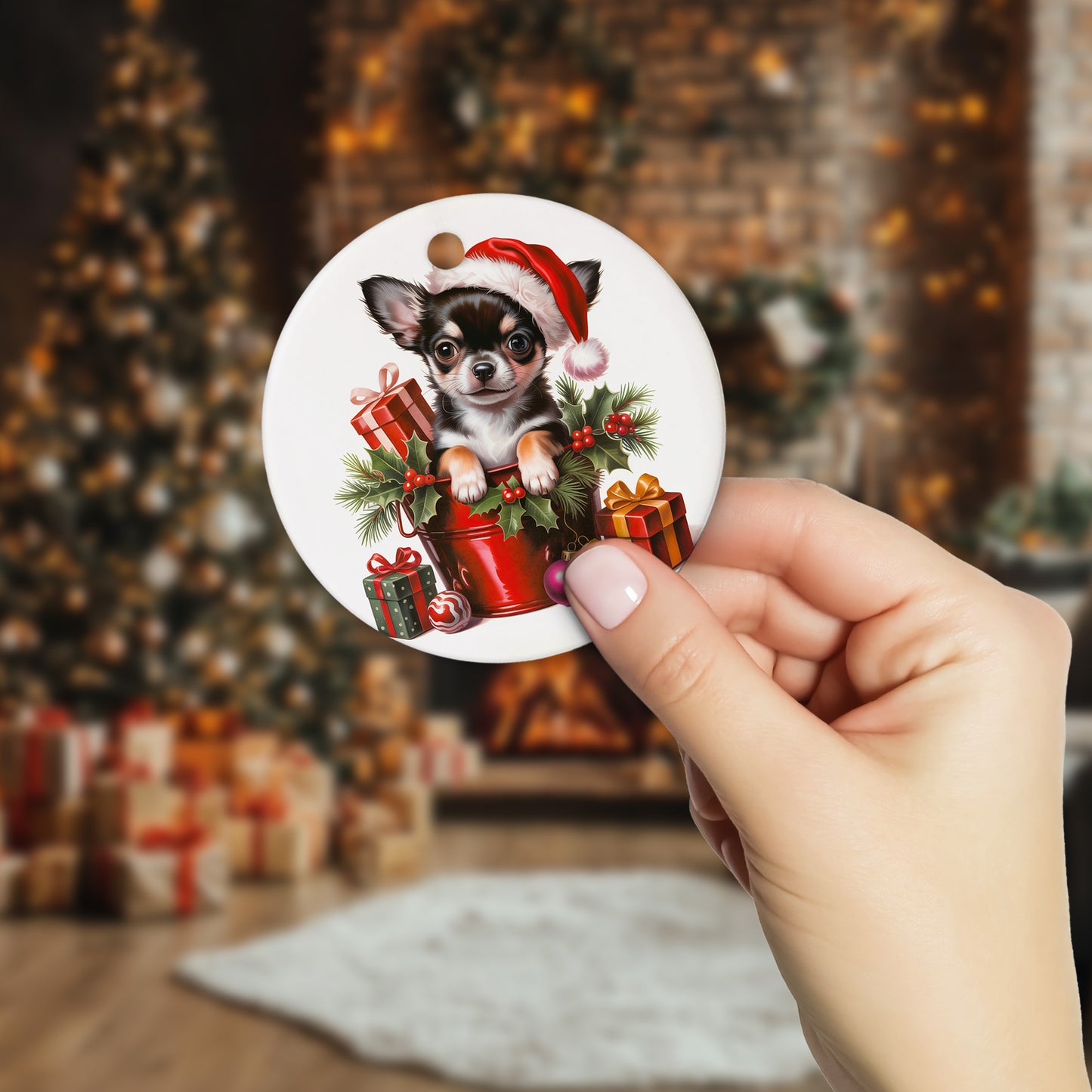 Netecom Adorable Chihuahua in Bucket Ornament, Dog with Santa Hat Ceramic Ornament for Christmas Tree Hanging Decorations Gift, Dog Lover Gifts, Home Decor, Holiday Party Present