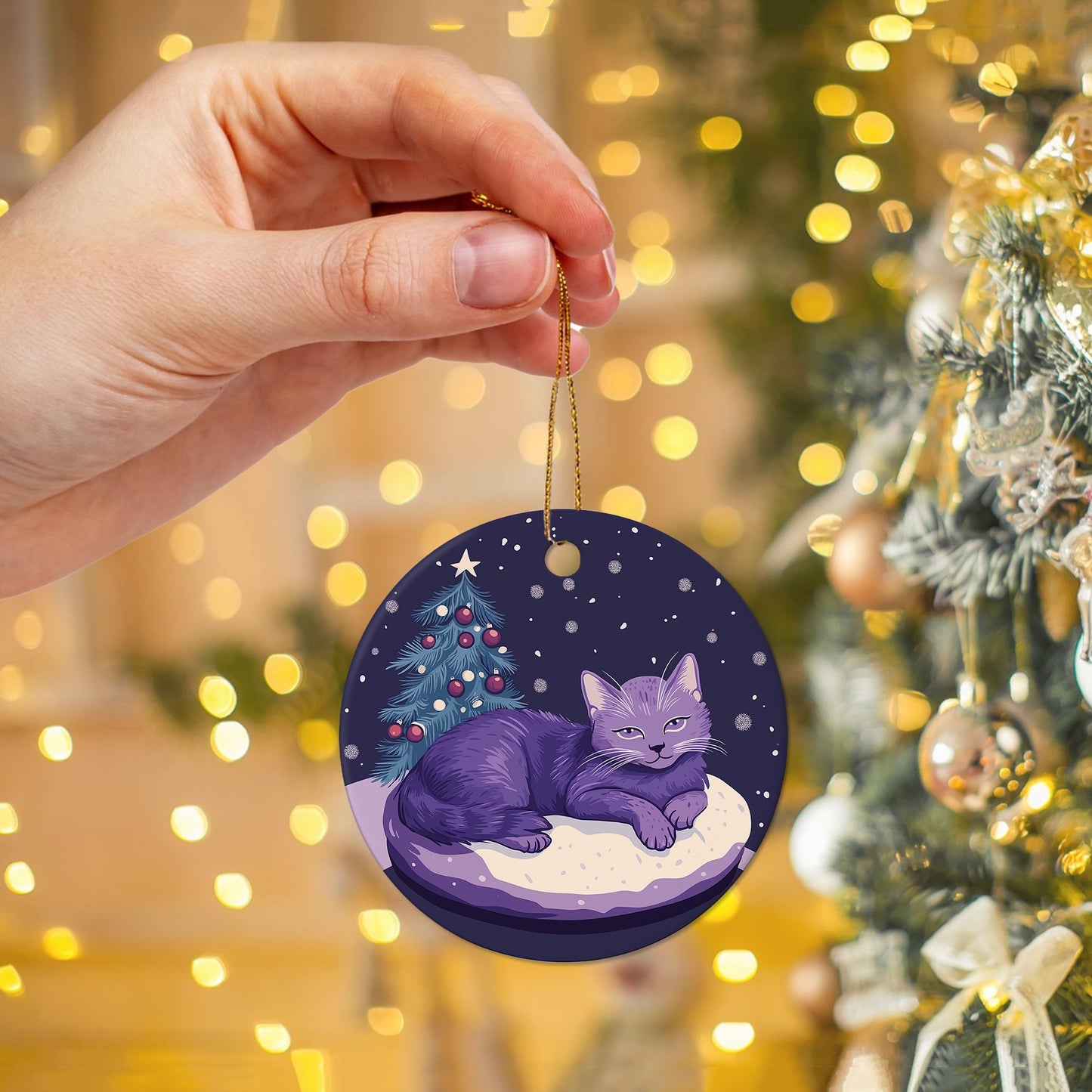 Netecom Purple Cat Christmas Ornaments, Ceramic Cat Resting Keepsake Ornament for Christmas Tree Decorations, Kitten Lover Gift, Gifts for Holiday, Party, Home Decor