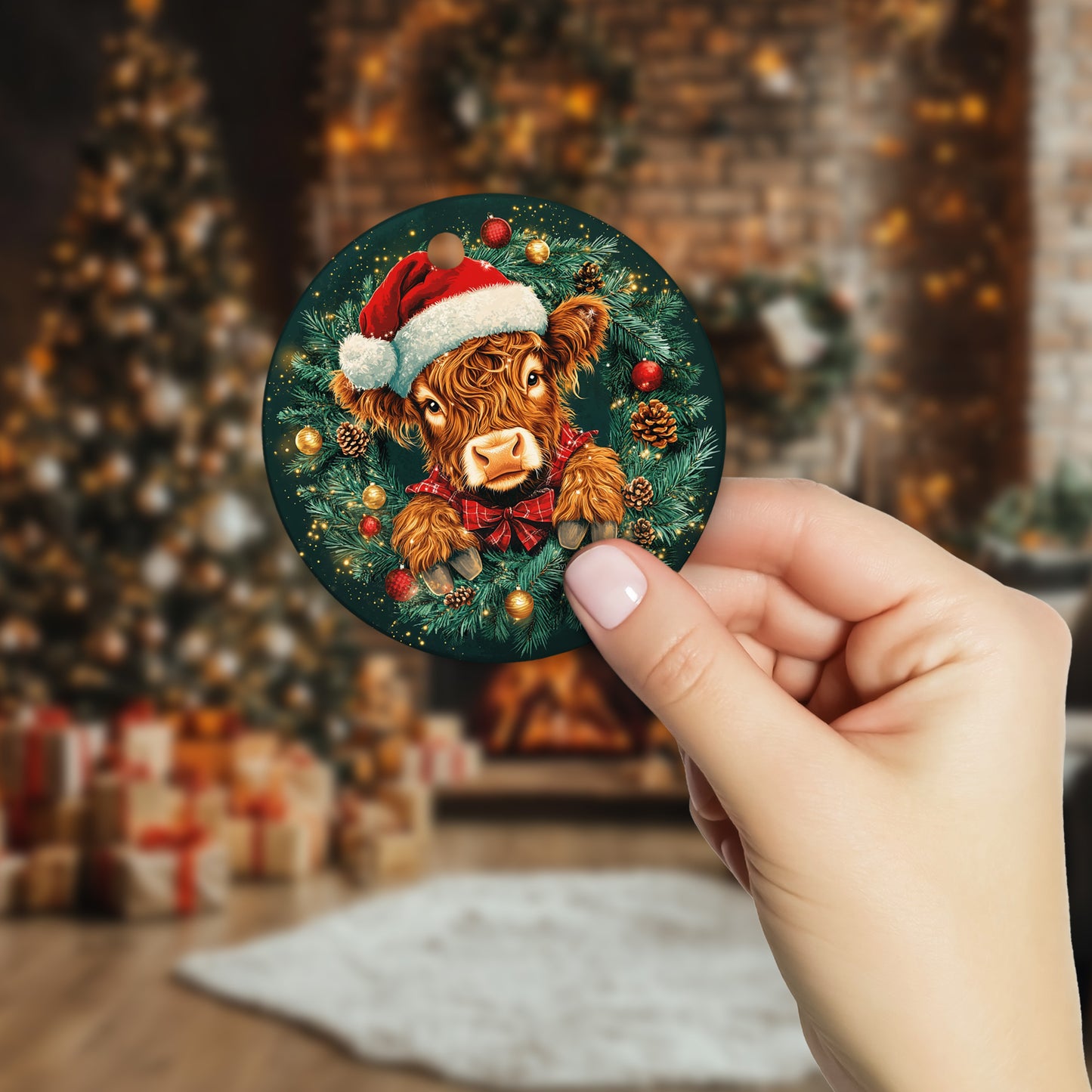 Netecom Funny Cow Christmas Ornament, Highland Cow Christmas Ceramic Ornament for Xmas Tree Hanging Decorations Gift, Farmhouse Decor, Gifts for Famer, Holiday Party Present