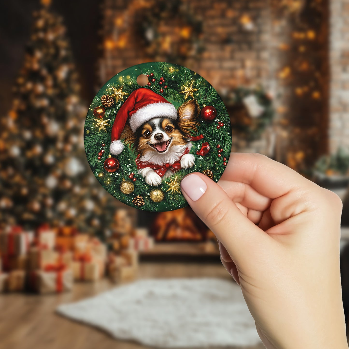 Netecom Cute Papillon Dog in Santa Hat Christmas Ornament, Puppy Ceramic Ornament for Xmas Tree Hanging Decorations Gift, Dog Lover Gifts, Home Decor, Holiday Party Present