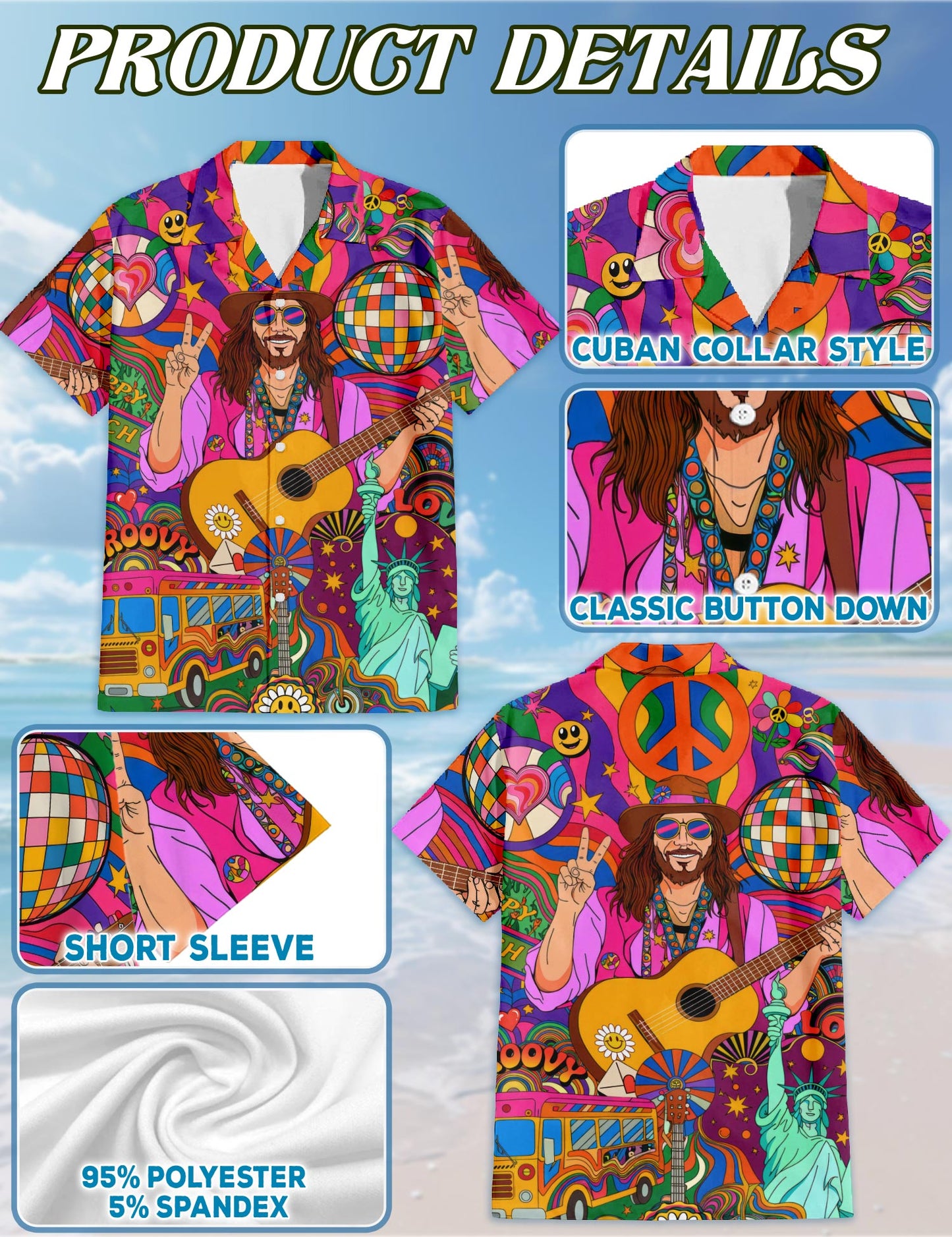 Netecom Colorful Hippie Hawaiian Shirt for Men, Button Down Summer Beach Short Sleeve, S-5XL