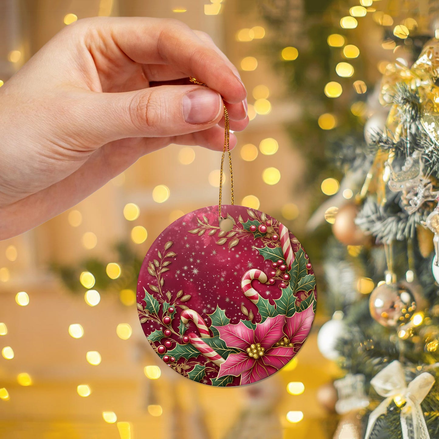 Netecom Pink Poinsettia and Holly Berries Leaves Christmas Ornament, Ceramic Candy Cane Keepsake Ornament for Xmas Tree Decorations, Gifts for Holiday, Party, Home Decor
