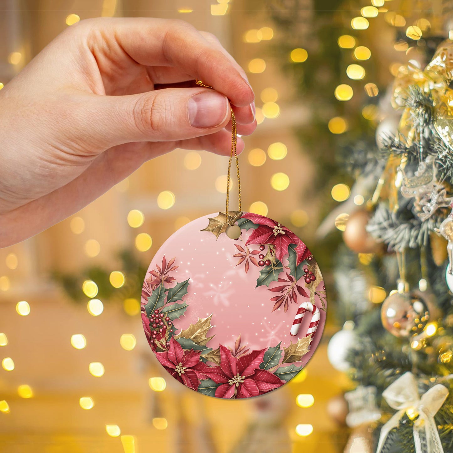 Netecom Pink Poinsettia and Holly Berries Christmas Ornament, Ceramic Candy Cane Keepsake Ornament for Xmas Tree Decorations, Gifts for Holiday, Party, Home Decor