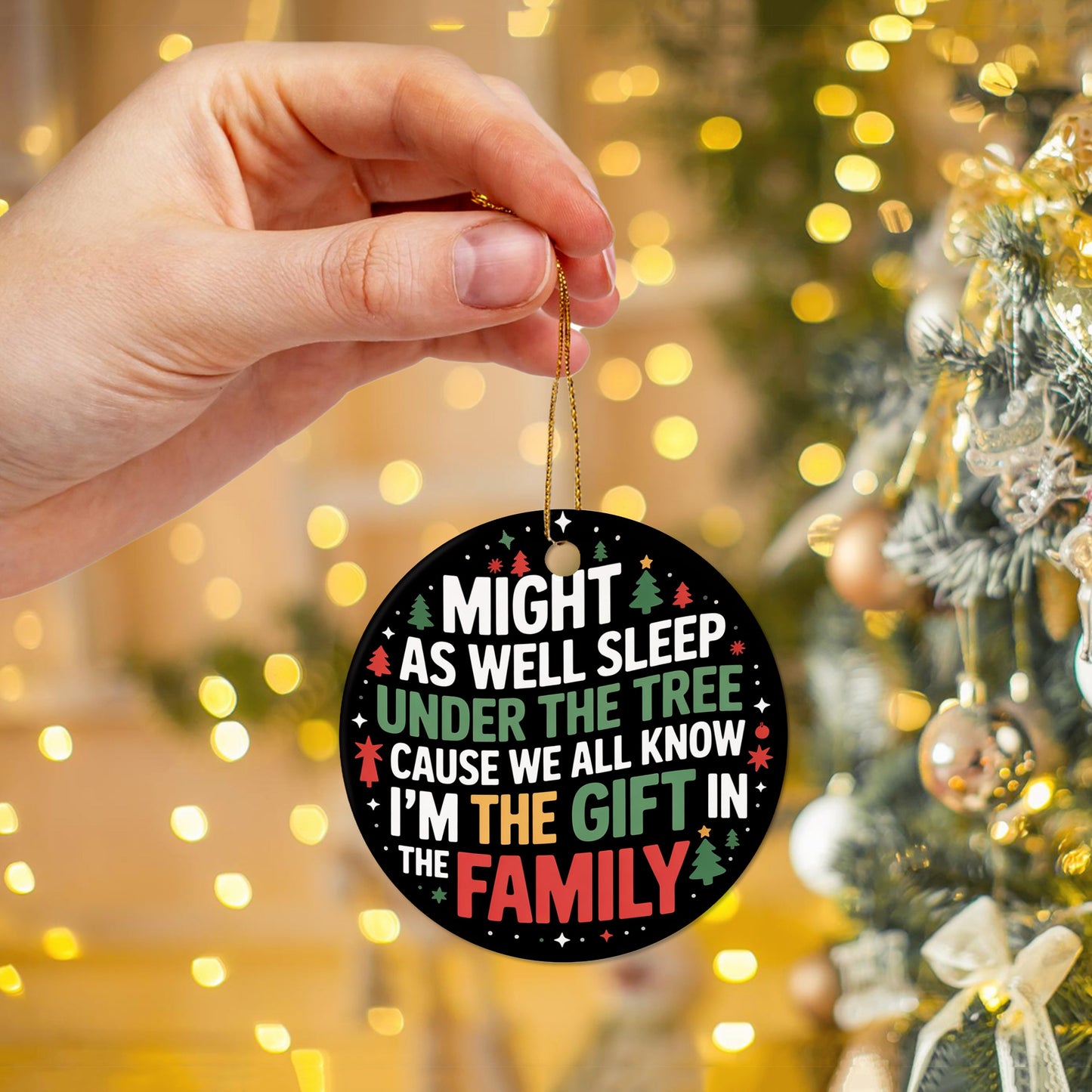 Netecom Funny Christmas Ornament, Might As Well Sleep Under The Tree Ceramic Ornament for Xmas Tree Hanging Decorations Gift, Home Decor, Gifts for Friends & Family, Holiday Party Present