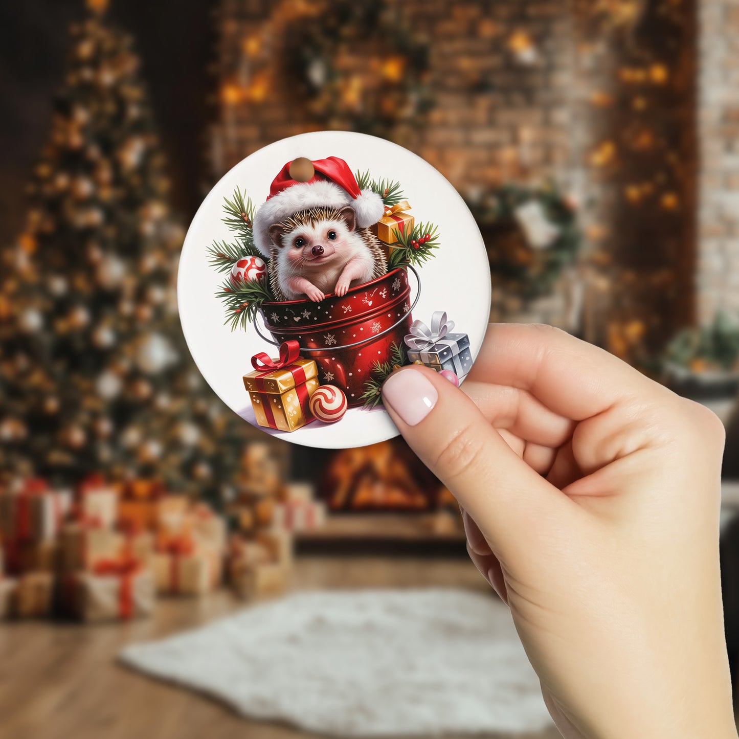 Netecom Baby Hedgehog in Bucket Ornament, Forest Animal with Santa Hat Ceramic Ornament for Christmas Tree Hanging Decorations Gift, Hedgehog Lover Gifts, Home Decor, Holiday Party Present