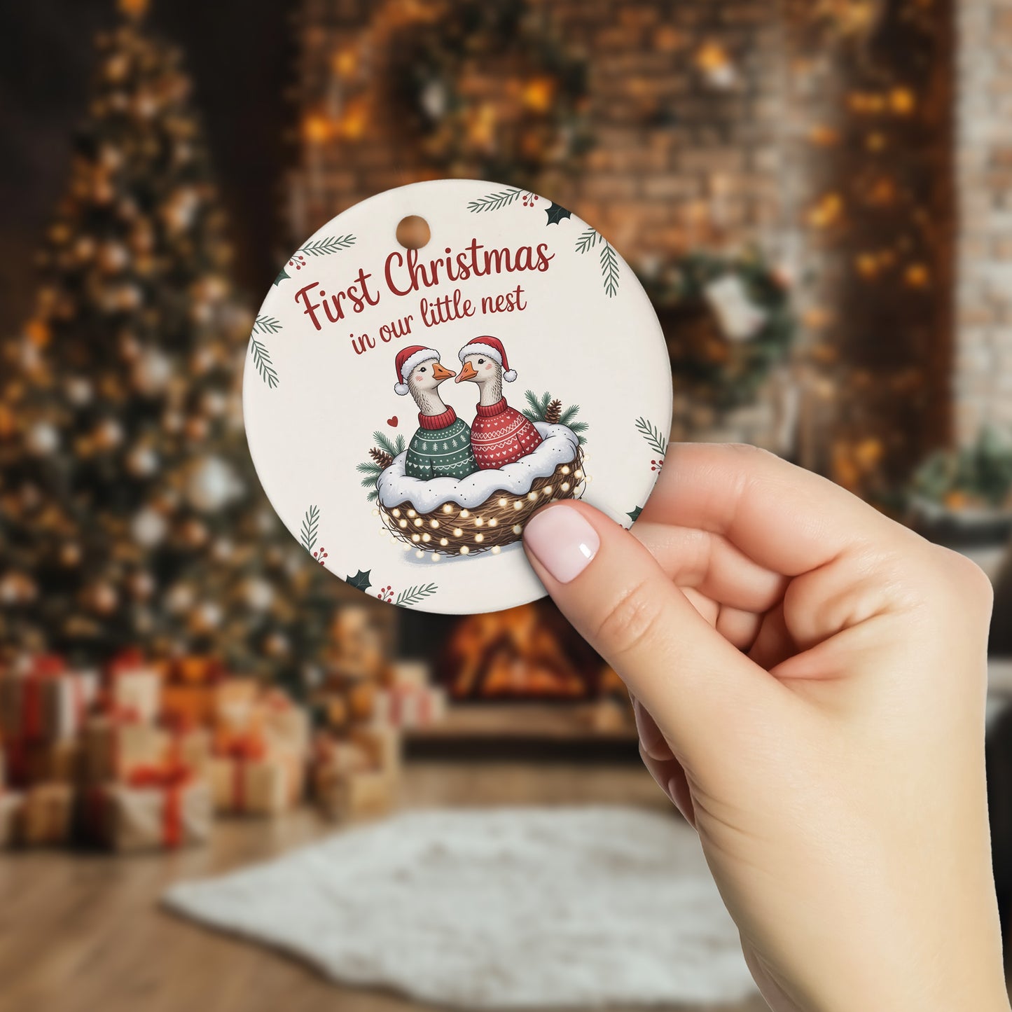 Netecom Funny Goose Ornament for Couple, First Christmas in Our Little Nest Ceramic Ornament for Christmas Tree Hanging Decorations Gift, Valentine Ducks Geese Gifts for Girlfriend Birthday