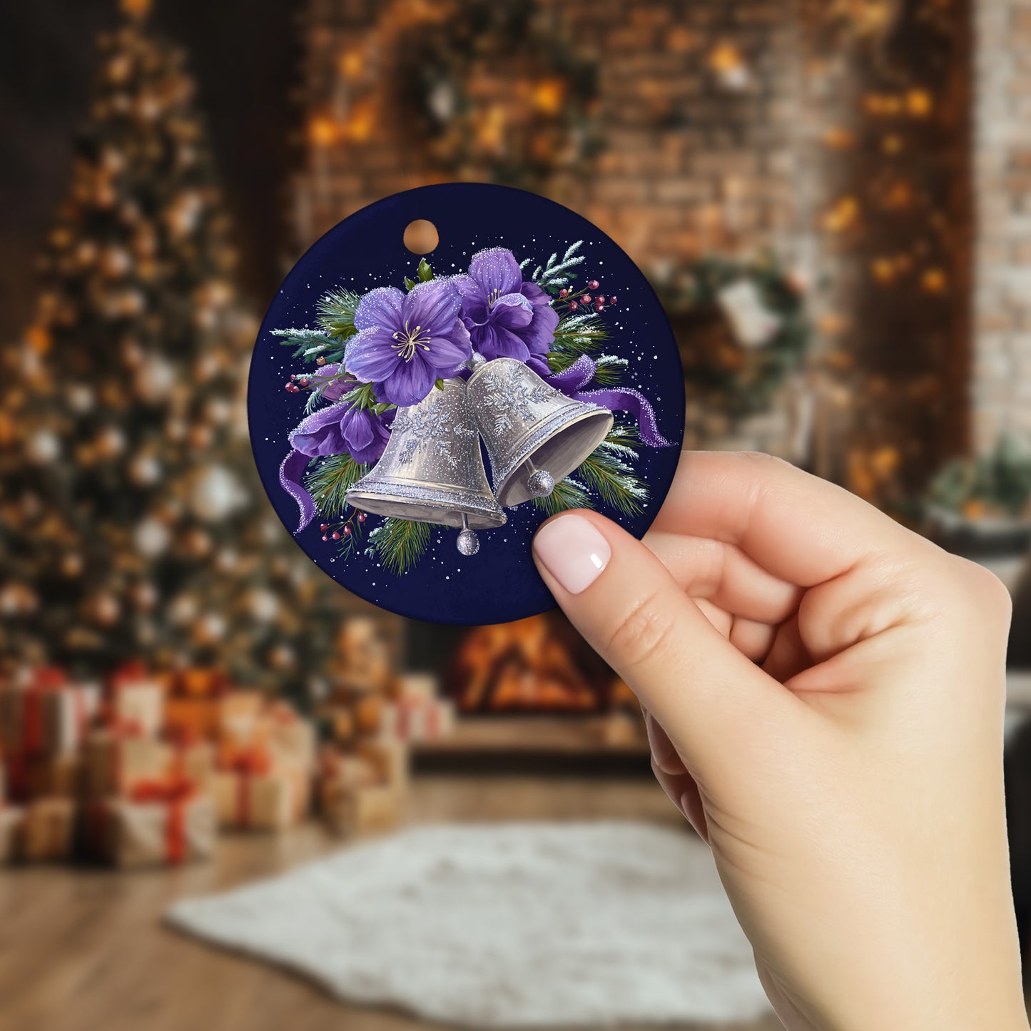 Netecom Bell with Purple Flower Christmas Ornament, Elegant Winter Bell Ceramic Ornament for Xmas Tree Hanging Decorations Gift, Gifts for Friends & Family, Holiday Party Present