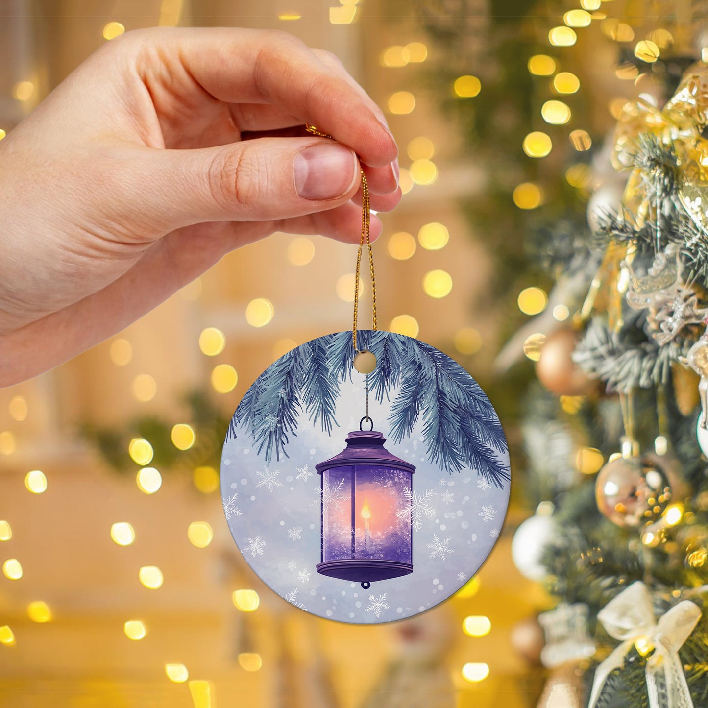 Netecom Purple Winter Lantern Christmas Ornaments, Ceramic Glow Lantern in Snow Keepsake Ornament for Christmas Tree Decorations, Gifts for Holiday, Party, Home Decor