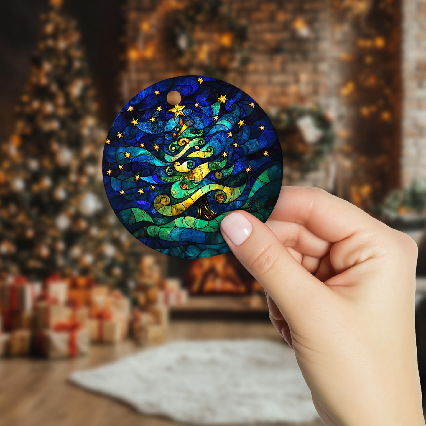 Netecom Stained Glass Christmas Tree Ornament, Artistic Xmas Tree Ceramic Ornament for Christmas Tree Hanging Decorations Gift, Home Decor, Gifts for Friends & Family, Holiday Party Present