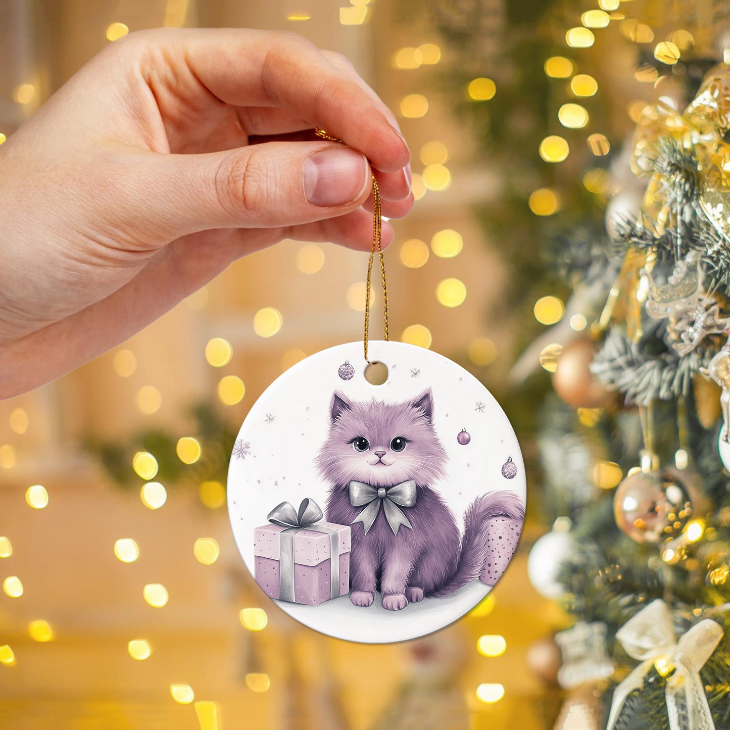Netecom Cute Purple Cat Christmas Ornaments, Ceramic Kitten Keepsake Ornament for Christmas Tree Decorations, Cat Lover Gifts, Gifts for Holiday, Party, Home Decor