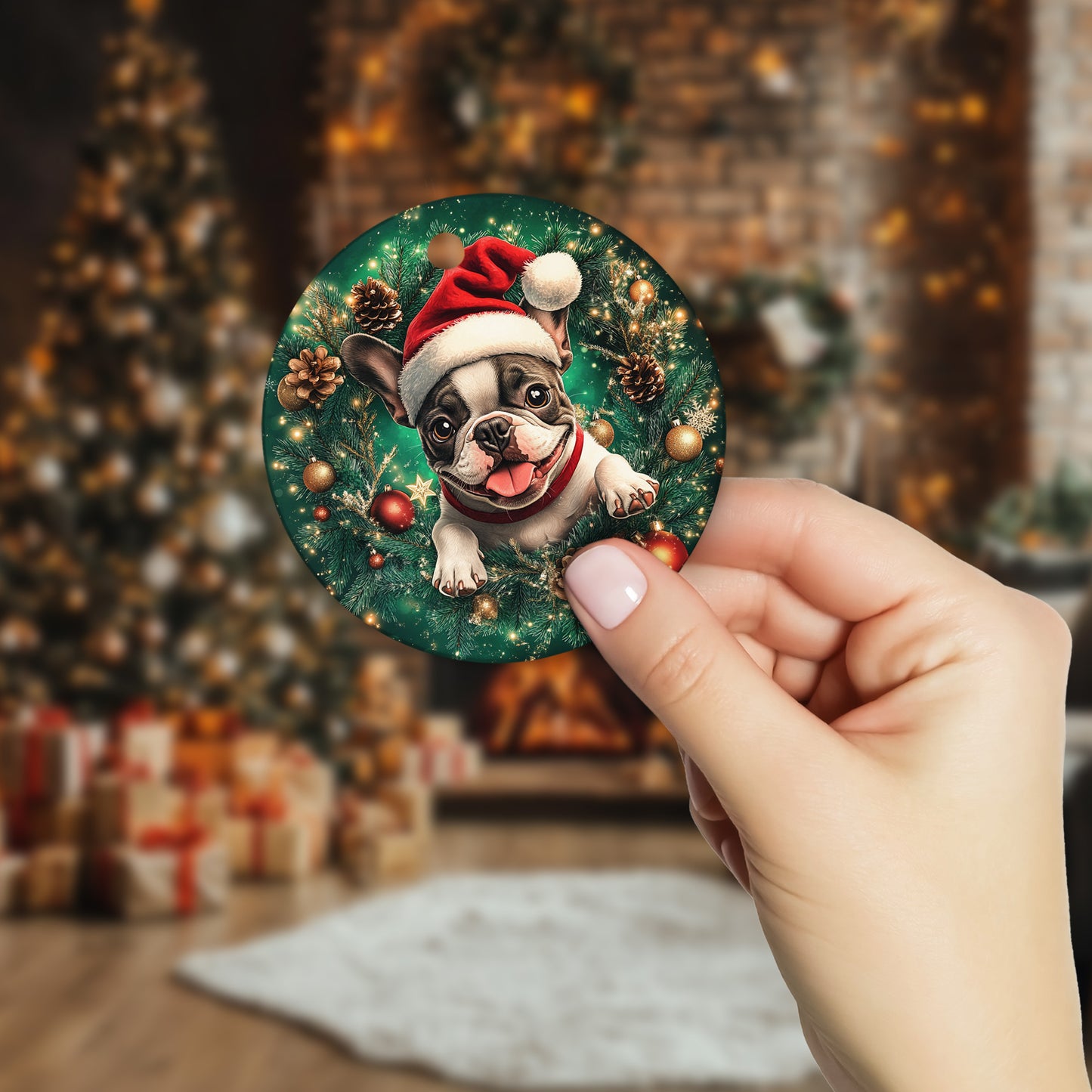 Netecom Funny French Bulldog in Santa Hat Christmas Ornament, Puppy Ceramic Ornament for Xmas Tree Hanging Decorations Gift, Dog Lover Gifts, Holiday Party Present