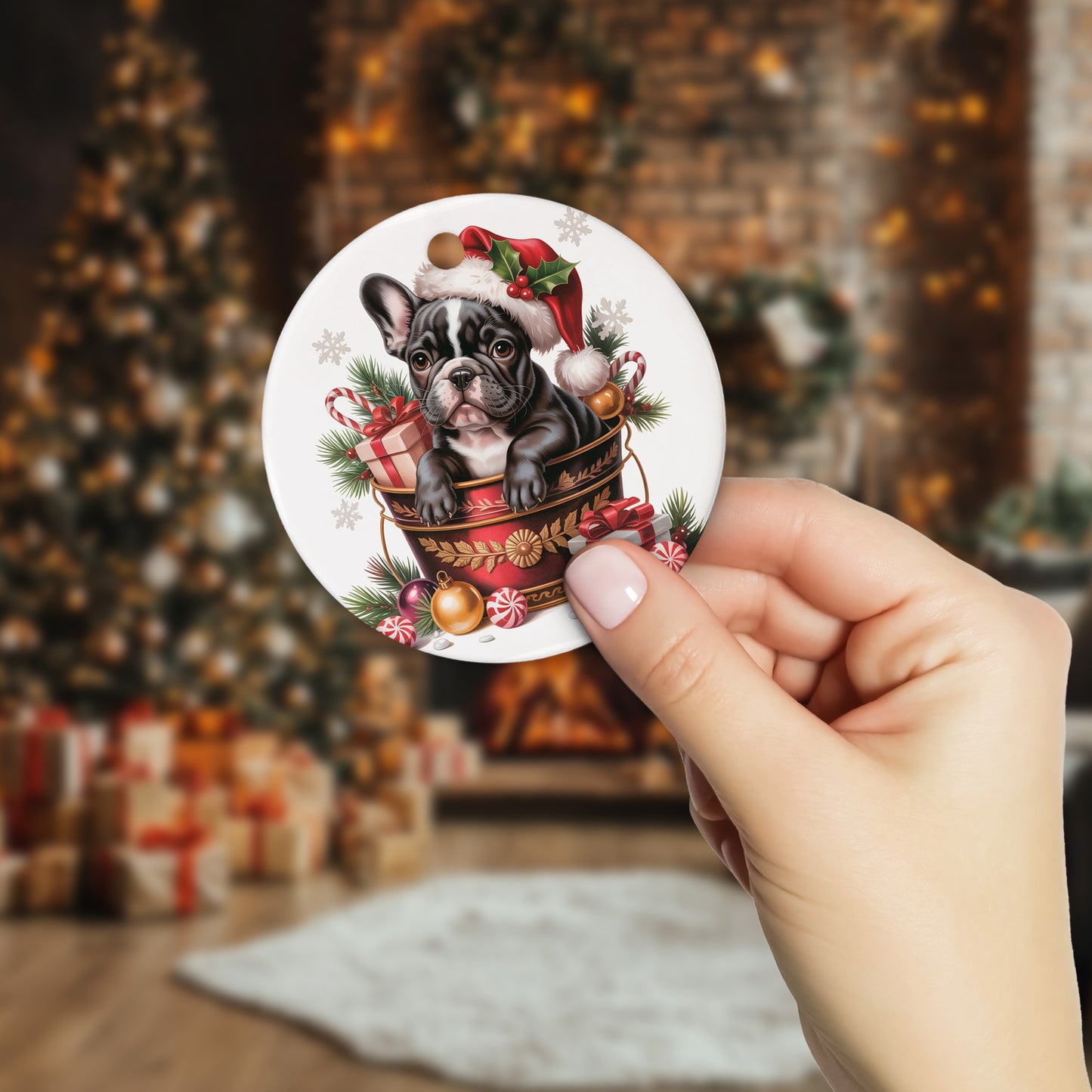 Netecom Funny French Bulldog in Bucket Ornament, Dog with Santa Hat Ceramic Ornament for Christmas Tree Hanging Decorations Gift, Puppy Lover Gifts, Home Decor, Holiday Party Present
