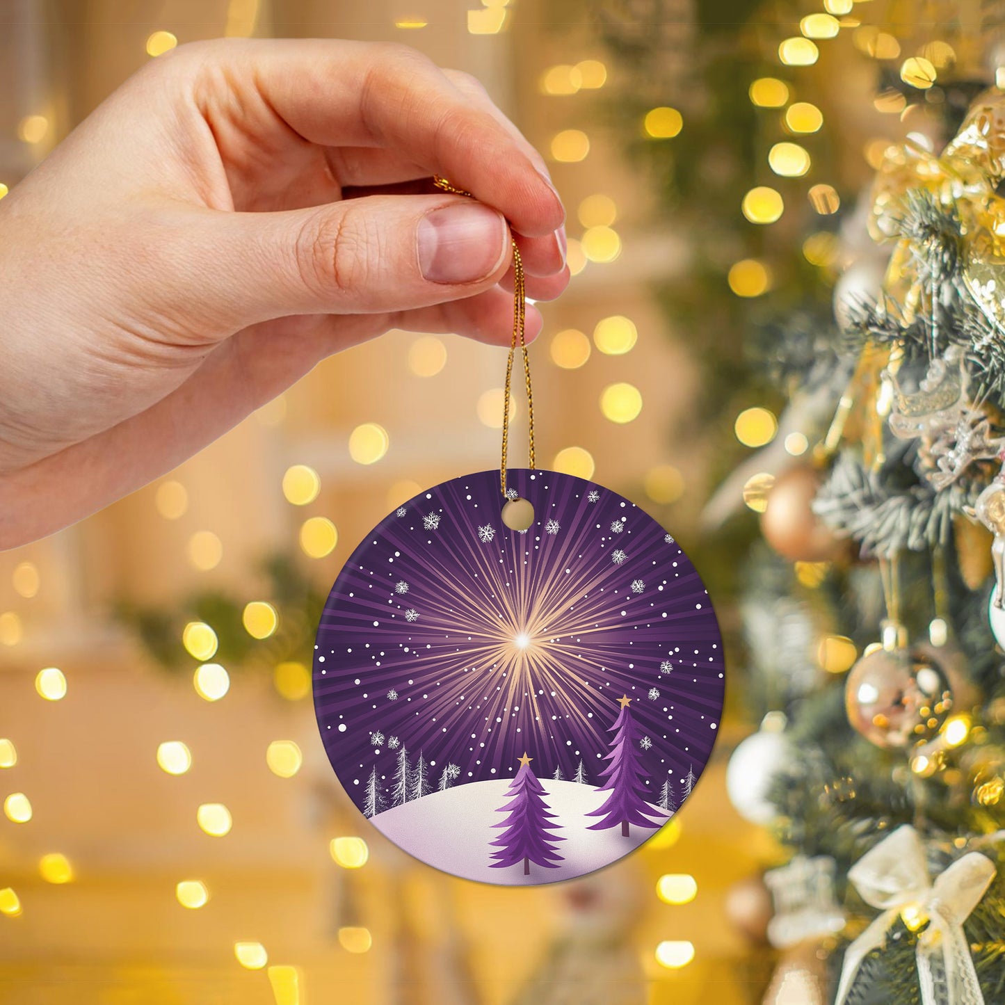Netecom Purple Winter Snow Scene Christmas Ornaments, Ceramic Night Sky Keepsake Ornament for Christmas Tree Decorations, Gifts for Holiday, Party, Home Decor