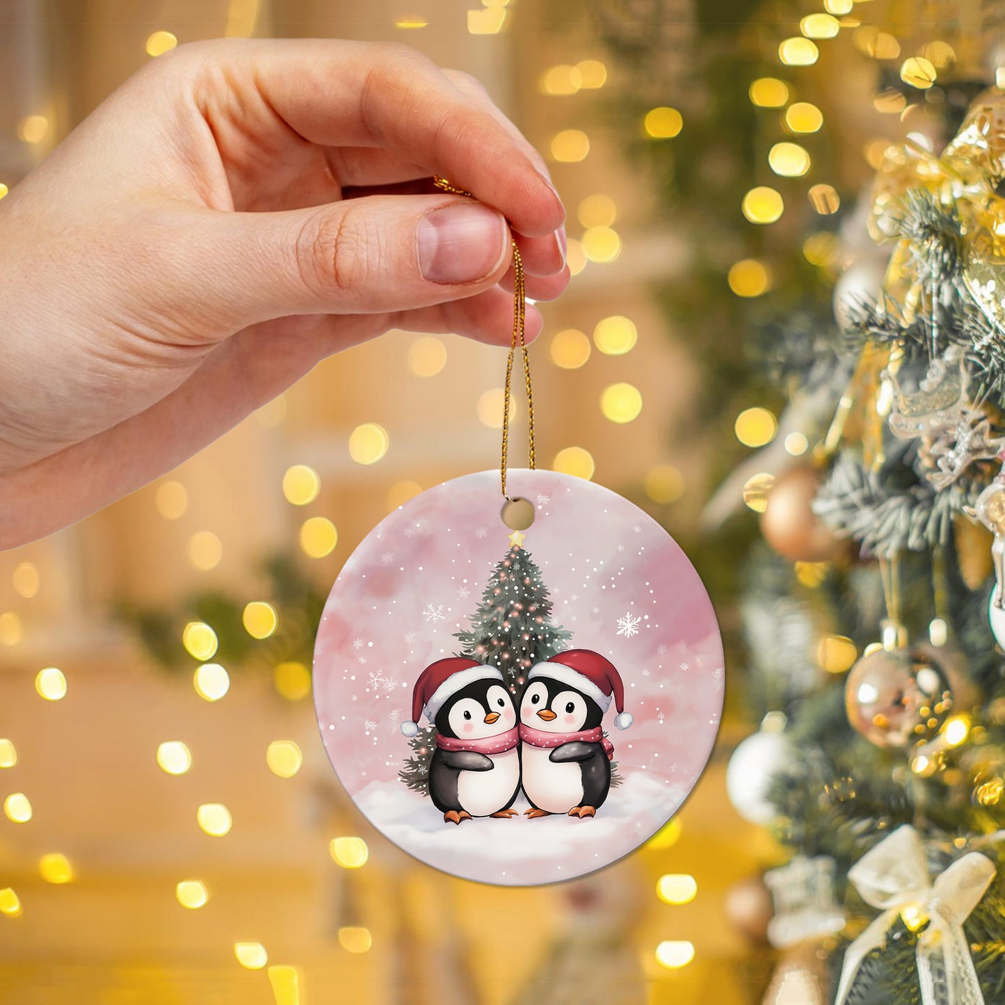Netecom Cute Penguin Couple Pink Ornament, Ceramic Romantic Christmas Keepsake Ornament for Xmas Tree Decorations, Penguin Lover Gift, Gifts for Holiday, Party, Home Decor