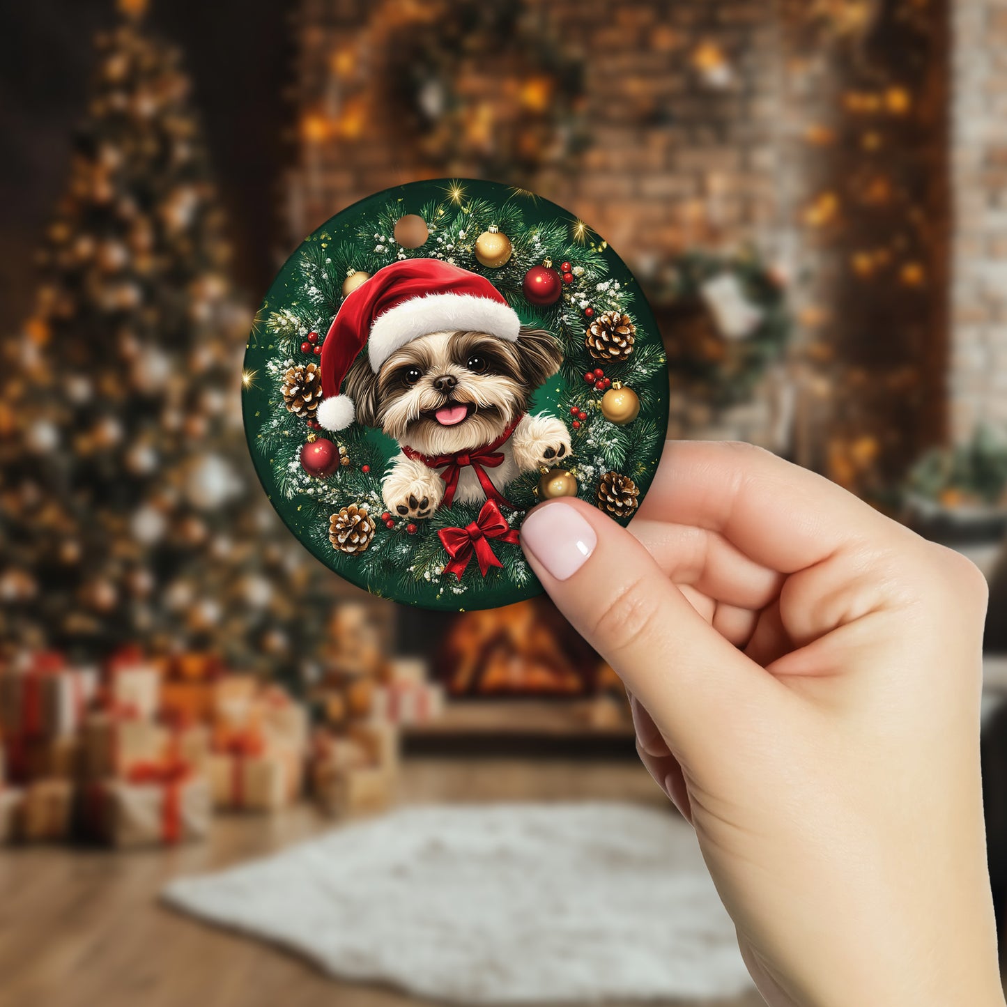 Netecom Cute Shih Tzu Christmas Ornament, Dog Santa Hat Ceramic Ornament for Xmas Tree Hanging Decorations Gift, Puppy Lover Gifts, Home Decor, Holiday Party Present