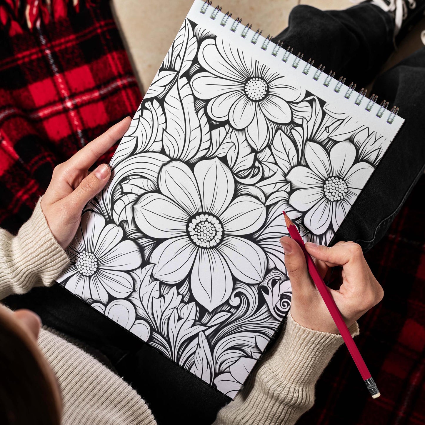 Floral Pattern Spiral Bound Coloring Book, Embark on a Coloring Journey with 30 Intricate Flower Doodles for Relaxation and Inspiration