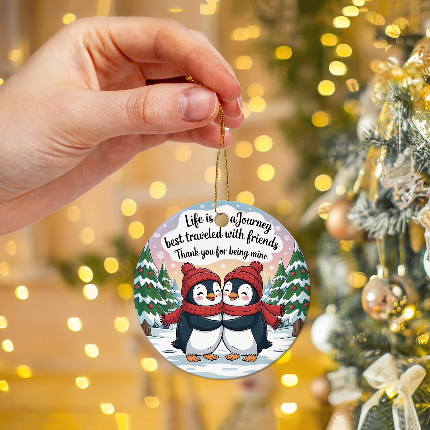 Netecom Cute Penguin Christmas Ornament, Life Is a Journey Best Traveled With Friends Ceramic Ornament for Xmas Tree Hanging Decorations Gift, Friendship Gifts for Besties, Best Friends, BFF