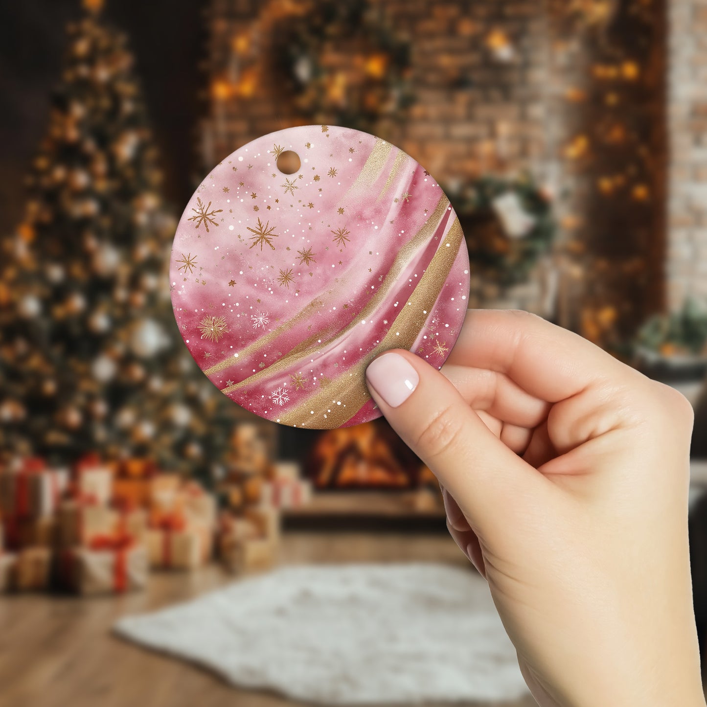 Netecom Marble Texture Pattern Pink Ornament, Ceramic Gold Glitter Snowflakes Keepsake Ornament for Xmas Tree Decorations, Gifts for Holiday, Party, Home Decor