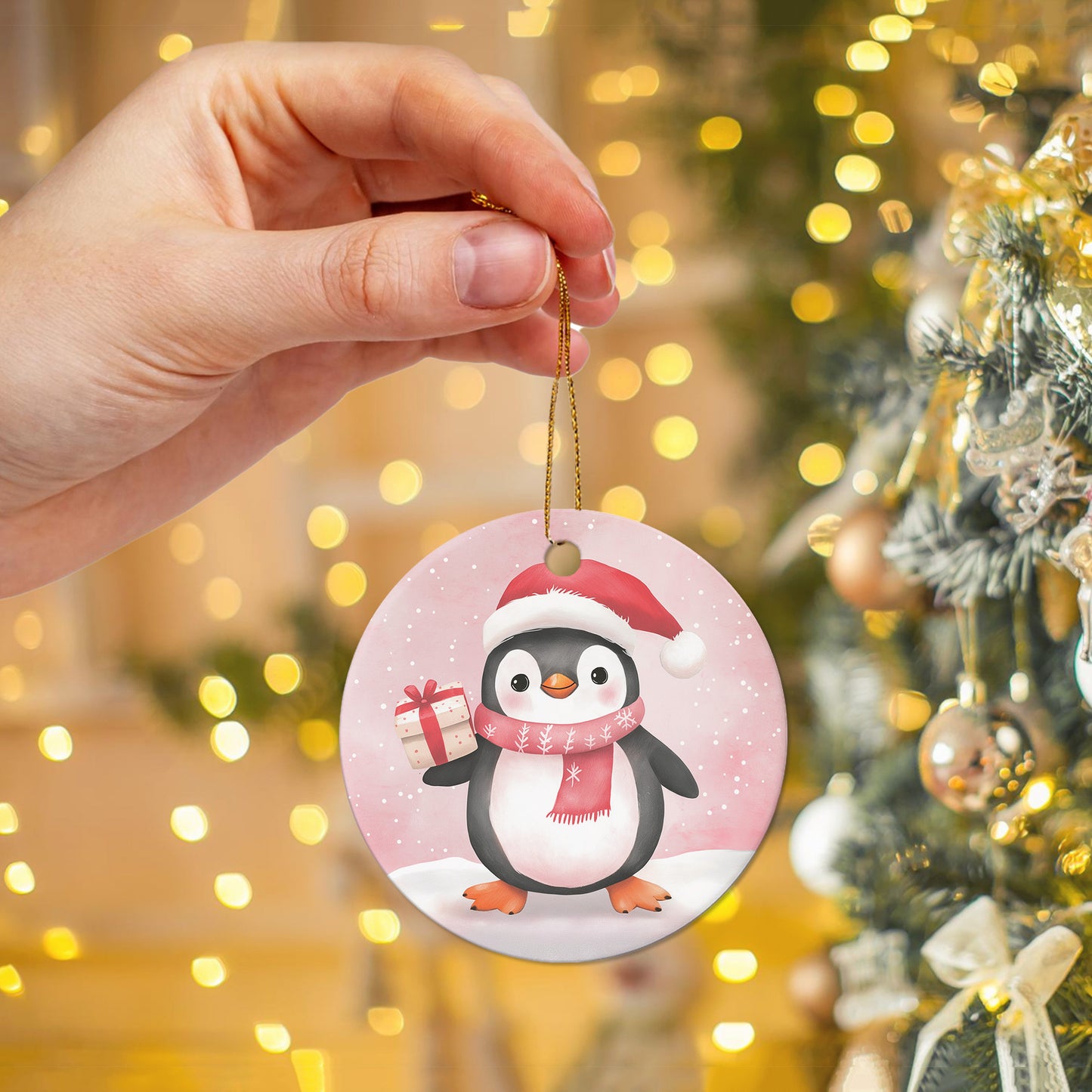 Netecom Cute Pink Penguin in Snow Christmas Ornament, Ceramic Animal Keepsake Ornament for Xmas Tree Decorations, Penguin Lover Gift, Gifts for Holiday, Party, Home Decor