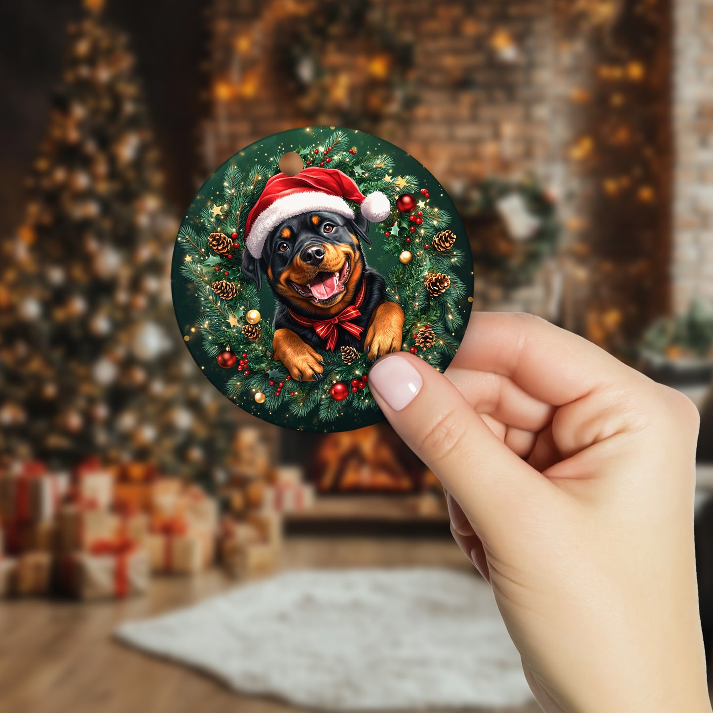 Netecom Cute Rottweiler in Santa Hat Christmas Ornament, Rottie Dog Ceramic Ornament for Xmas Tree Hanging Decorations Gift, Puppy Lover Gifts, Home Decor, Holiday Party Present