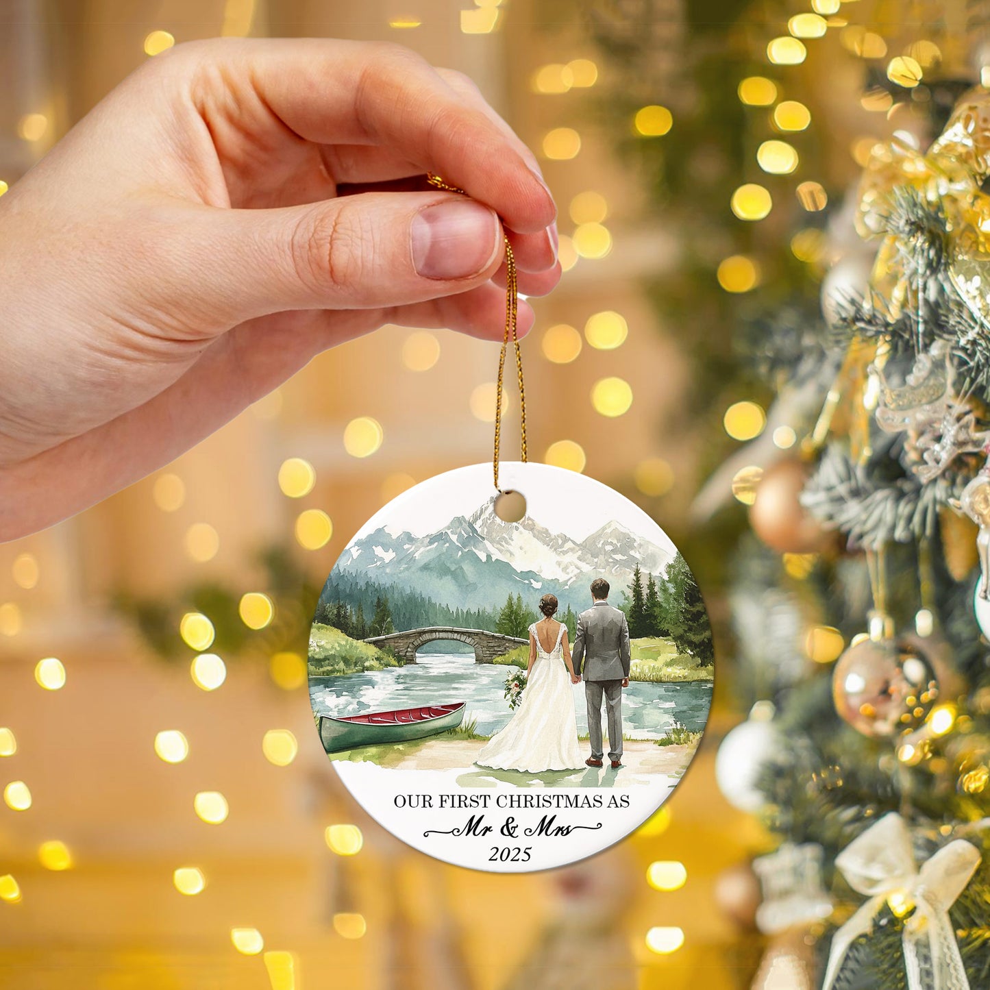 Netecom Elegant First Christmas Married Ornament, Our First Christmas as Mr and Mrs Ceramic Ornaments for Xmas Tree Hanging Decorations Gift, Wedding Gifts for Couples, Holiday Party Present