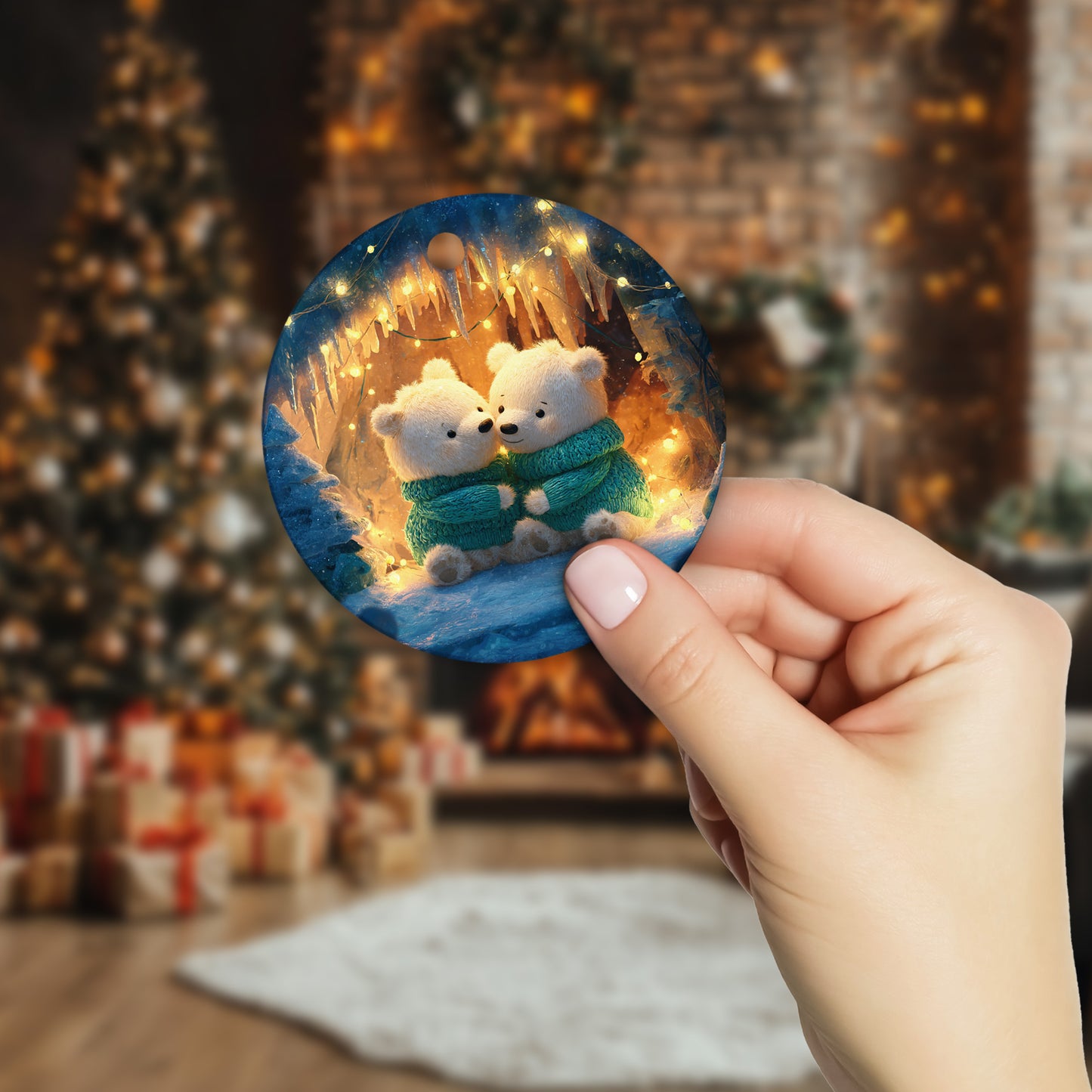 Netecom Cute Polar Bear Couple Ornament, Romantic Christmas Ceramic Ornament for Xmas Tree Hanging Decorations Gift, Bear Lover Gifts, Home Decor, Holiday Party Present