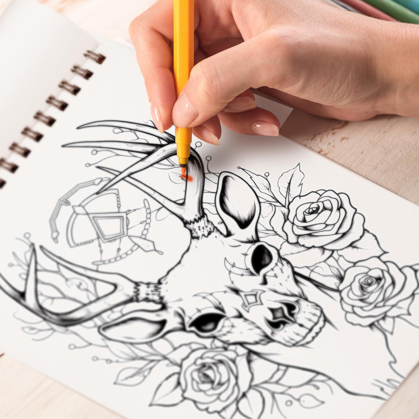 Animal Skeleton Spiral Bound Coloring Book, 30 Charming Coloring Pages for Coloring Enthusiasts to Embrace the Graceful Interplay of Skeletal Forms and Floral Designs