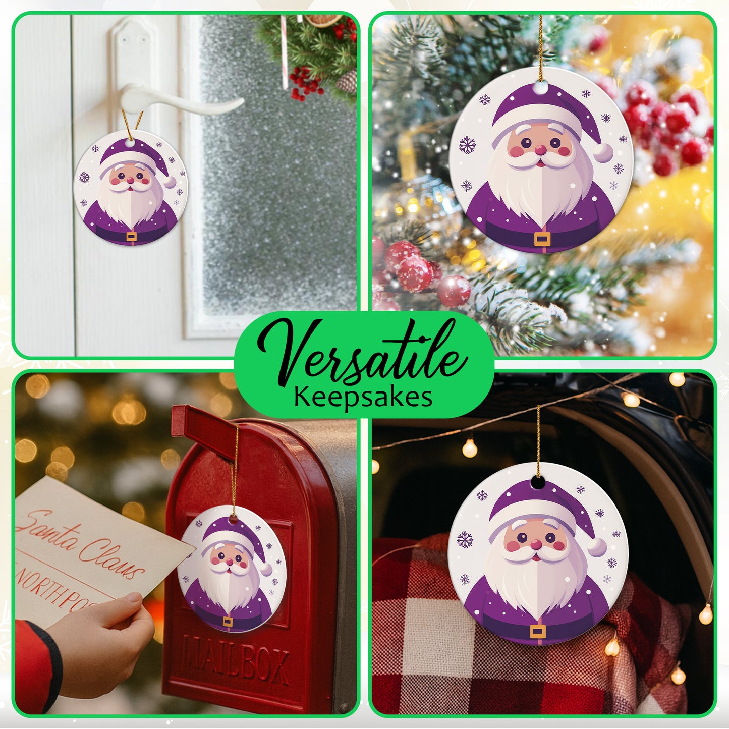 Netecom Cute Purple Santa Claus Christmas Ornaments, Ceramic Christmas Holiday Keepsake Ornament for Xmas Tree Decorations, Gifts for Holiday, Party, Home Decor
