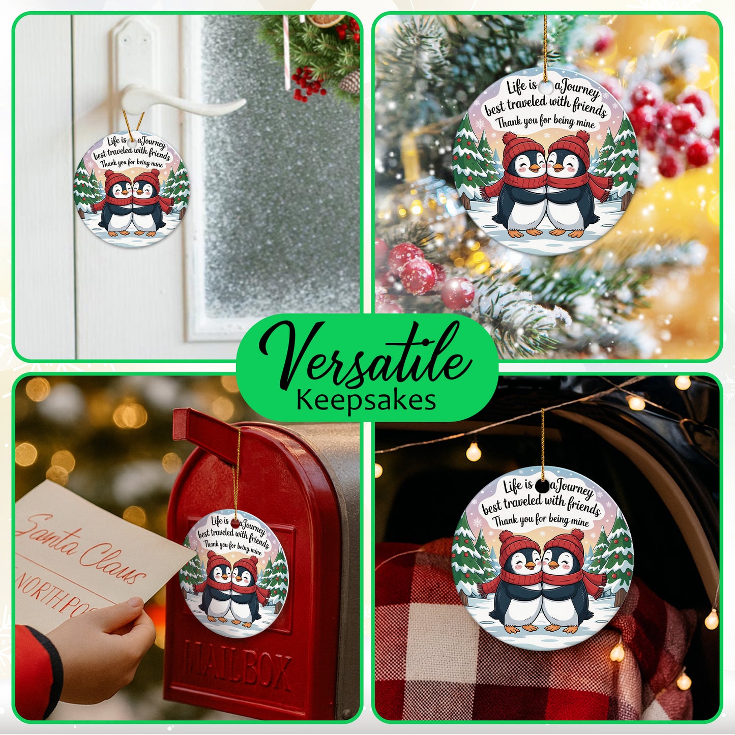 Netecom Cute Penguin Christmas Ornament, Life Is a Journey Best Traveled With Friends Ceramic Ornament for Xmas Tree Hanging Decorations Gift, Friendship Gifts for Besties, Best Friends, BFF