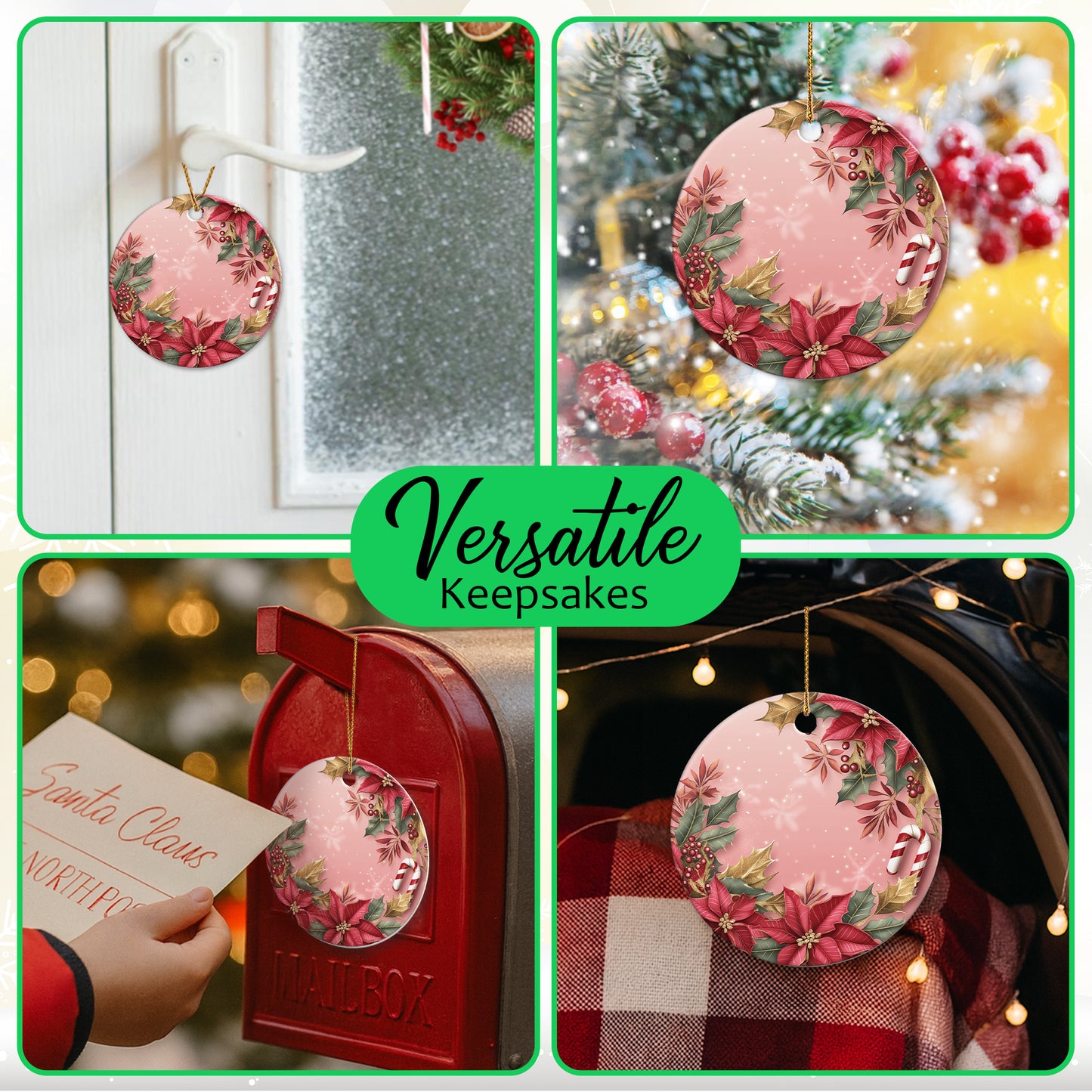 Netecom Pink Poinsettia and Holly Berries Christmas Ornament, Ceramic Candy Cane Keepsake Ornament for Xmas Tree Decorations, Gifts for Holiday, Party, Home Decor