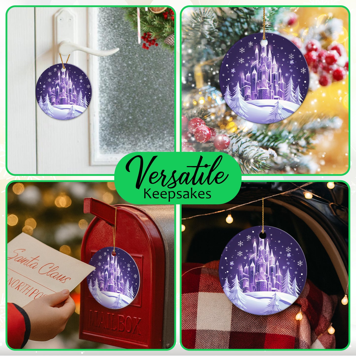 Netecom Purple Frozen Castle Christmas Ornaments, Retro Ceramic Ice Castle Winter Scene Keepsake Ornament for Christmas Tree Decorations, Gifts for Holiday, Party, Home Decor