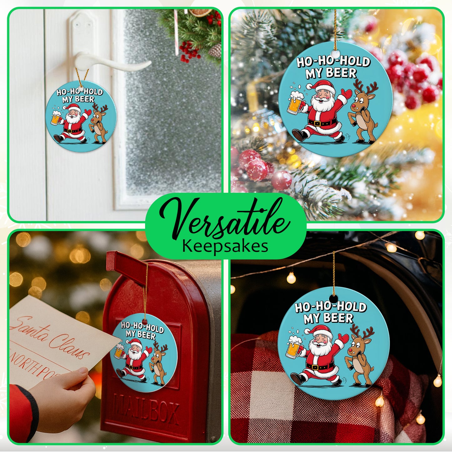 Netecom Funny Santa Claus Reindeer Christmas Ornament, Ho Ho Hold My Beer Ceramic Ornament for Xmas Tree Hanging Decorations Gift, Home Decor, Gifts for Friends & Family, Holiday Party Present