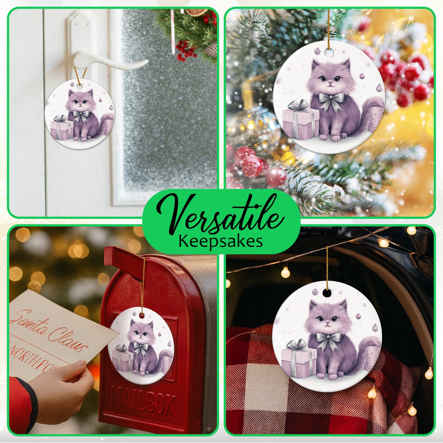 Netecom Cute Purple Cat Christmas Ornaments, Ceramic Kitten Keepsake Ornament for Christmas Tree Decorations, Cat Lover Gifts, Gifts for Holiday, Party, Home Decor